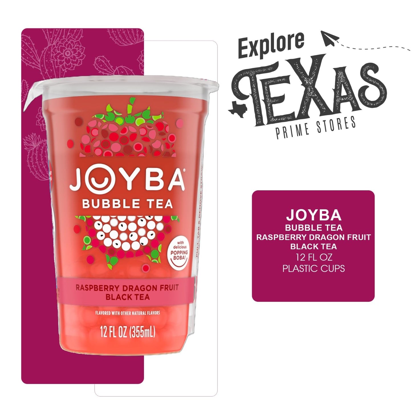 Joyba 16 Pack Raspberry Dragonfruit Bubble Black Tea Cups 12 Fl Oz With Delicious Natural Fruit Flavored Popping Boba + 1 Freebi