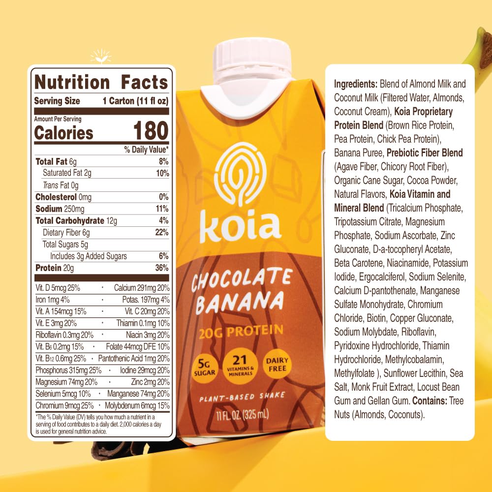 Koia Plant Based Protein Shake, Chocolate Banana, 20g Protein, 5g Sugar, 6g Prebiotic Fiber, 21 Vitamins & Minerals, Meal Replac