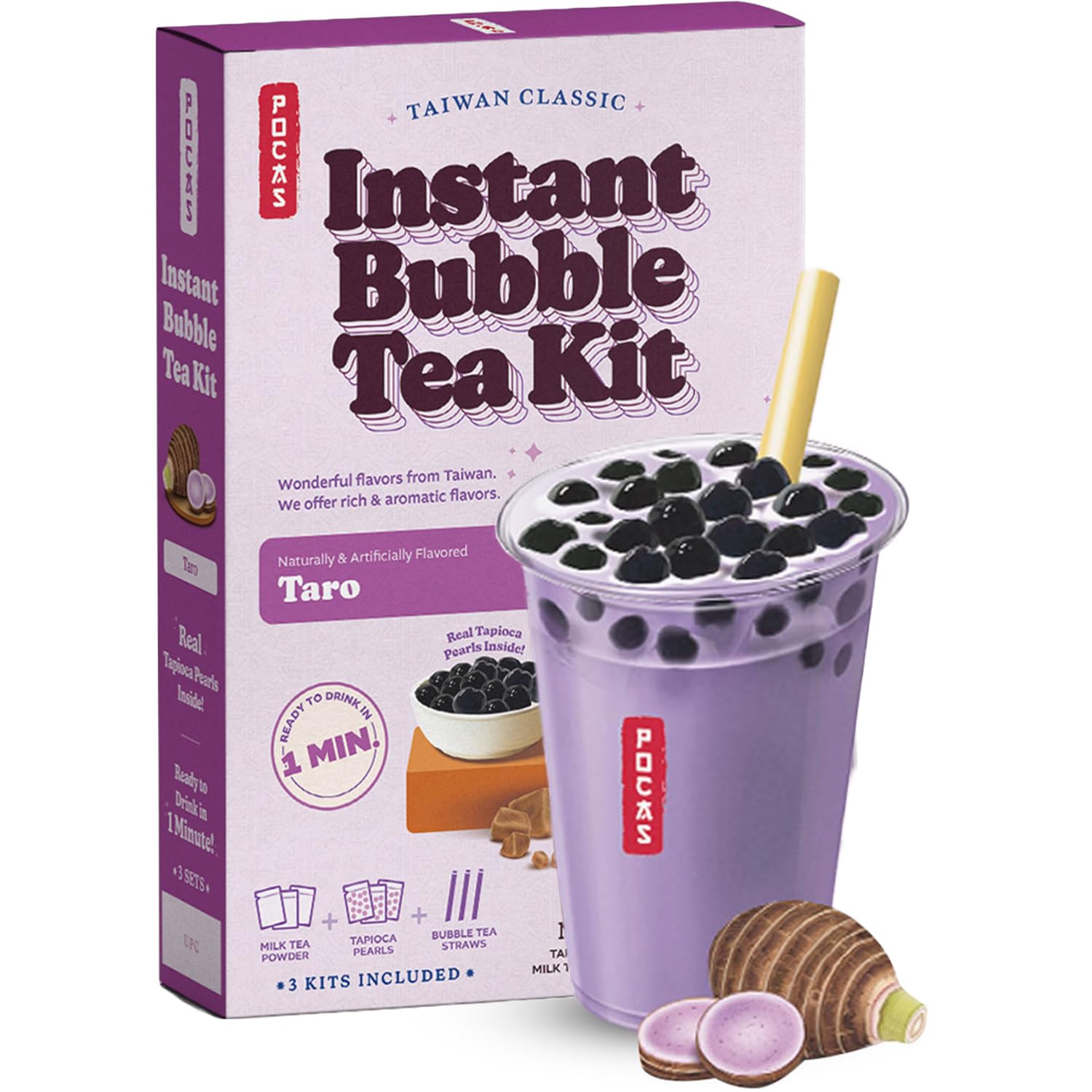 Pocas Bubble Tea Kit, Taro - Milk Tea Powder with Tapioca Pearls, Boba Straws, 3 Kits
