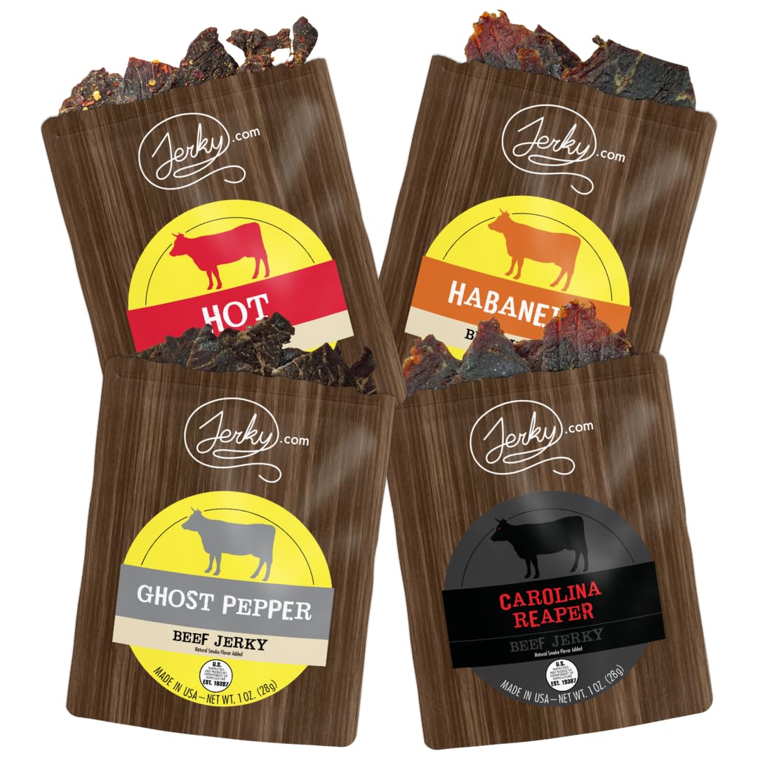 Jerky.com Hot Jerky Sampler - Featuring Habanero, Ghost Pepper, Carolina Reaper, and Classic Hot Beef Jerky - Perfect for Heat S