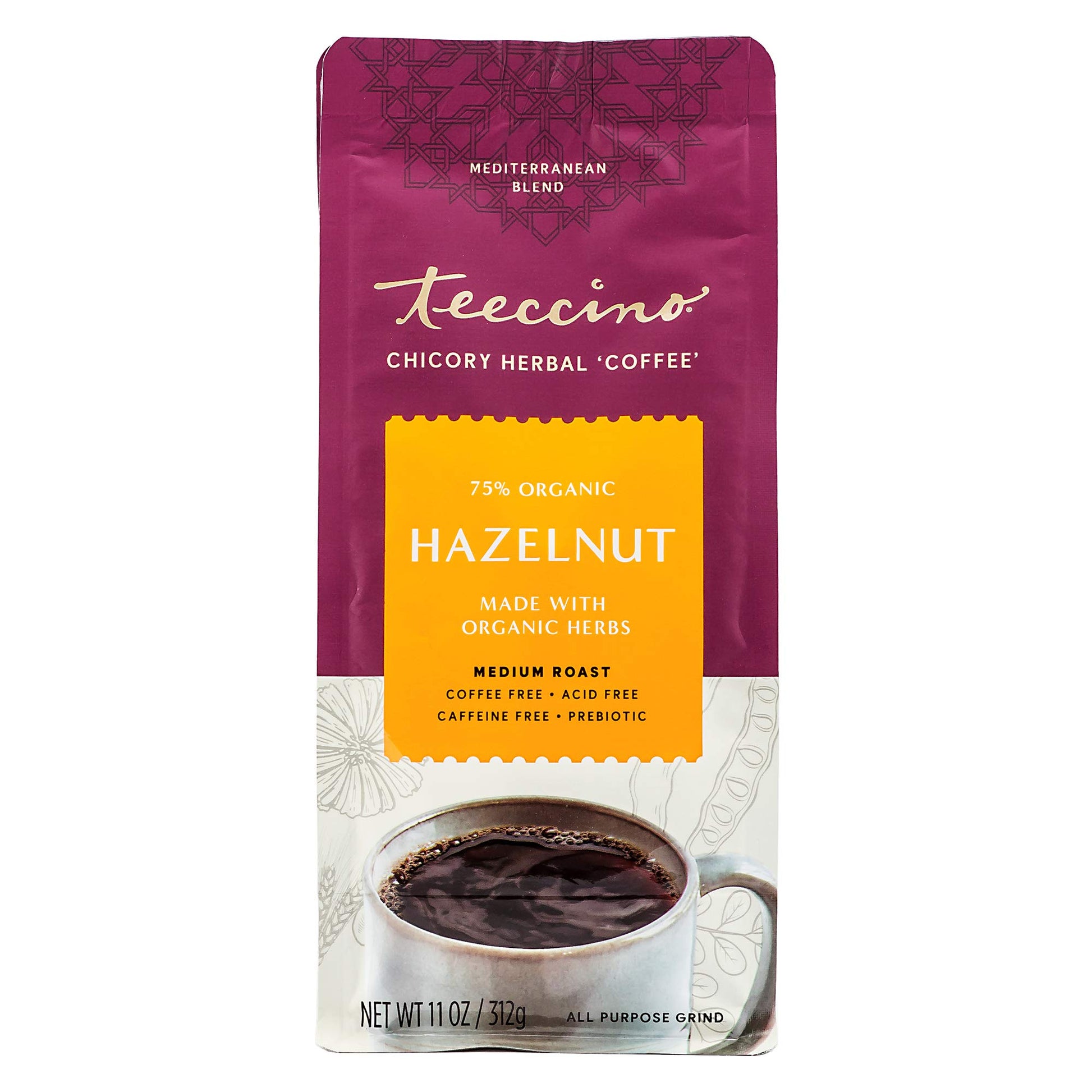Teeccino Chicory Coffee Alternative - Hazelnut - Ground Herbal Coffee Thats Prebiotic  Energy Blend Free & Acid Free  Medium Roast  11 Ounce