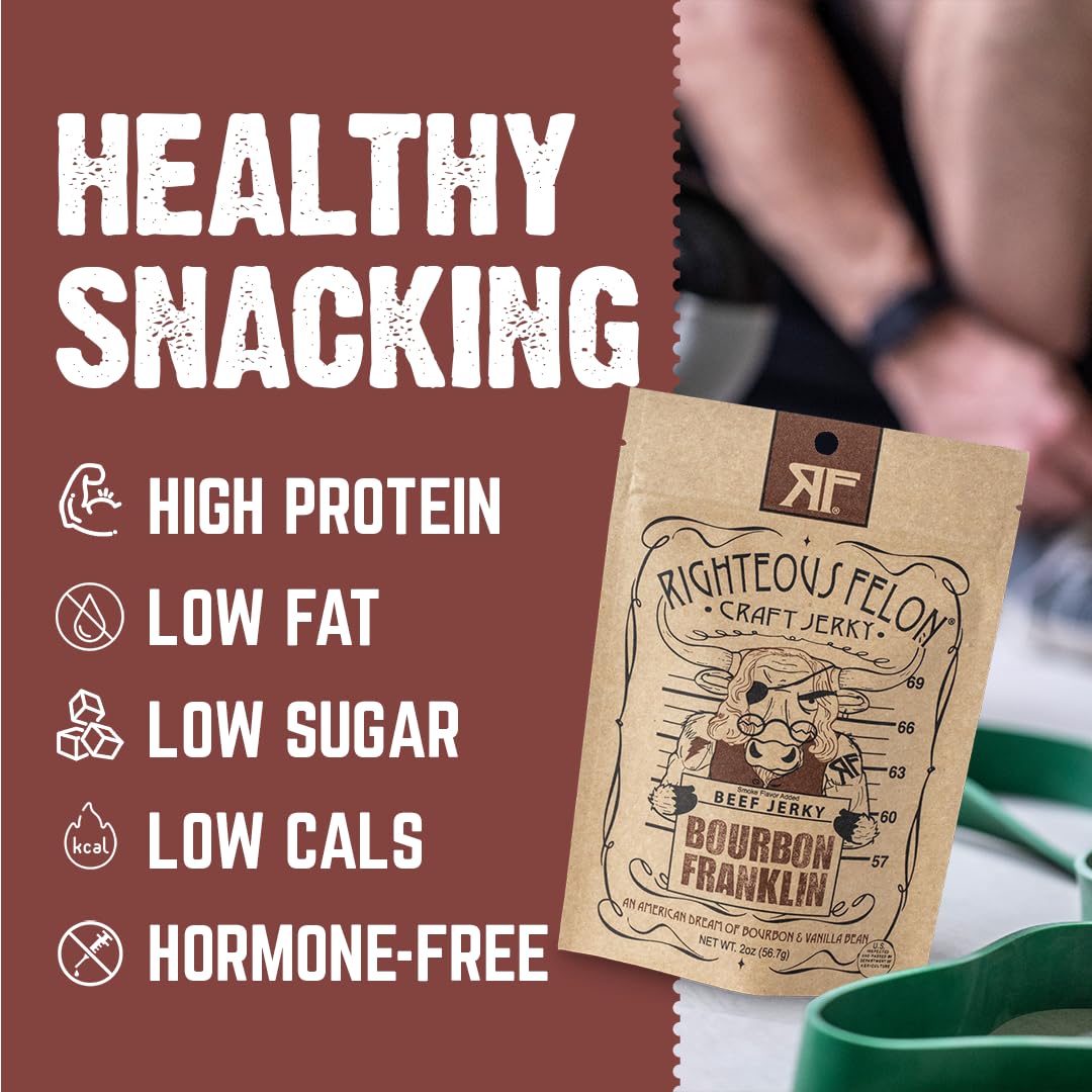 Righteous Felon Beef Jerky - spirit-inspired flavor Franklin Flavor - Low-Sugar, High-Protein - 2 Ounces Each, Pack of 3
