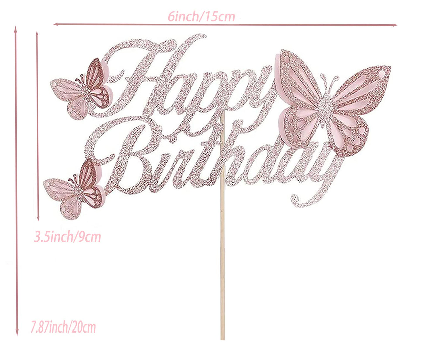 HaakLux Rose Gold Butterfly Cake Topper Set, Paper, Includes 20 Pink Cupcake Toppers, Happy Birthday Party Decor