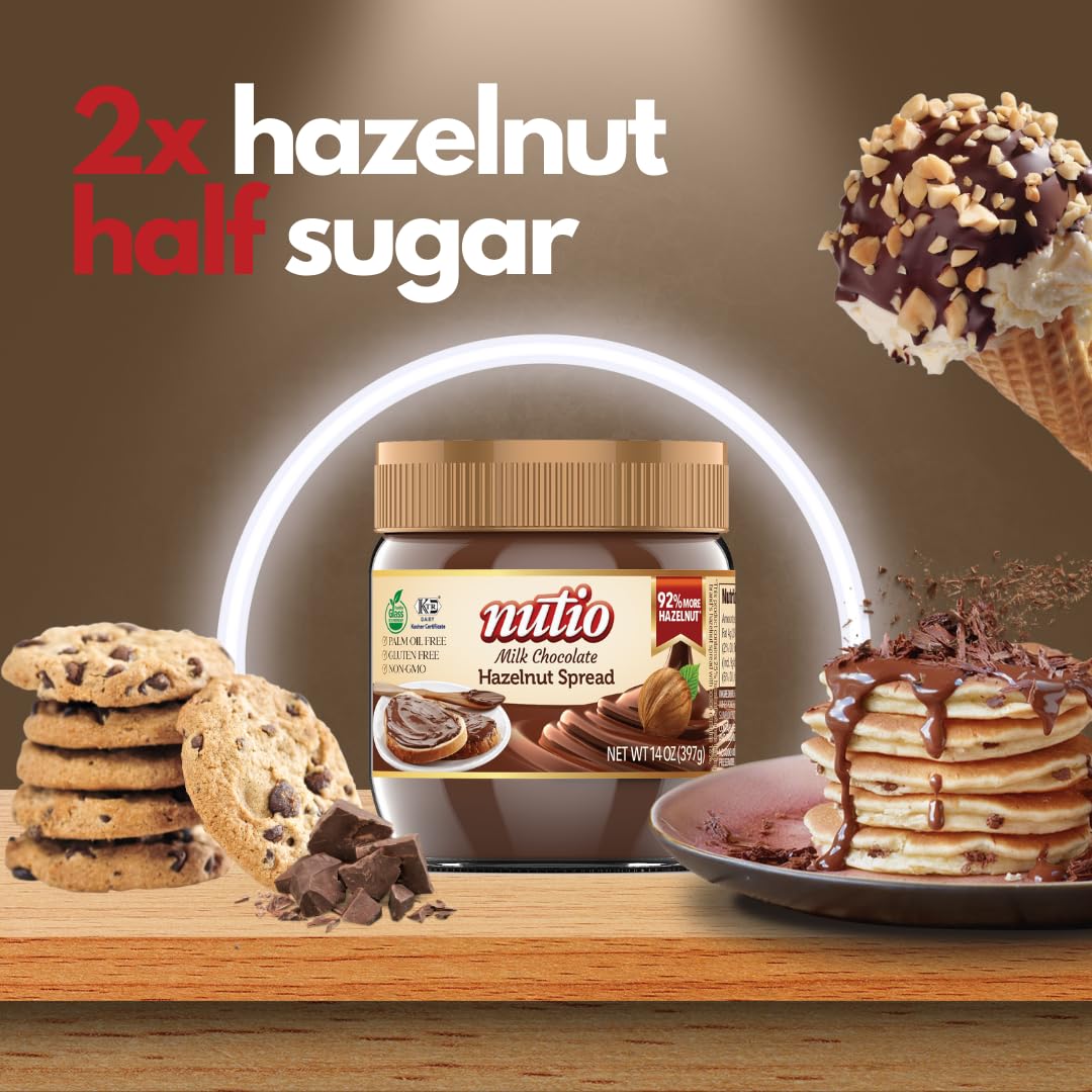 Nutio Milk Chocolate Hazelnut Spread - 92% More Hazelnut, 53% Less Added Sugar, Palm Oil Free, Gluten Free, Non-Gmo, Peanut Free