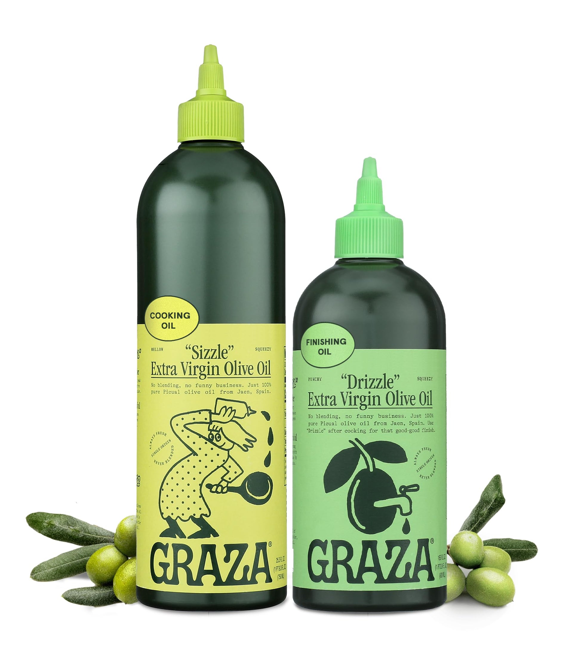 Graza Extra Virgin Olive Oil Variety Pack - High Polyphenol EVOO Squeeze Bottle, 25.3 Fl Oz + 16.9 Fl Oz, Model B0CWVRSNDF