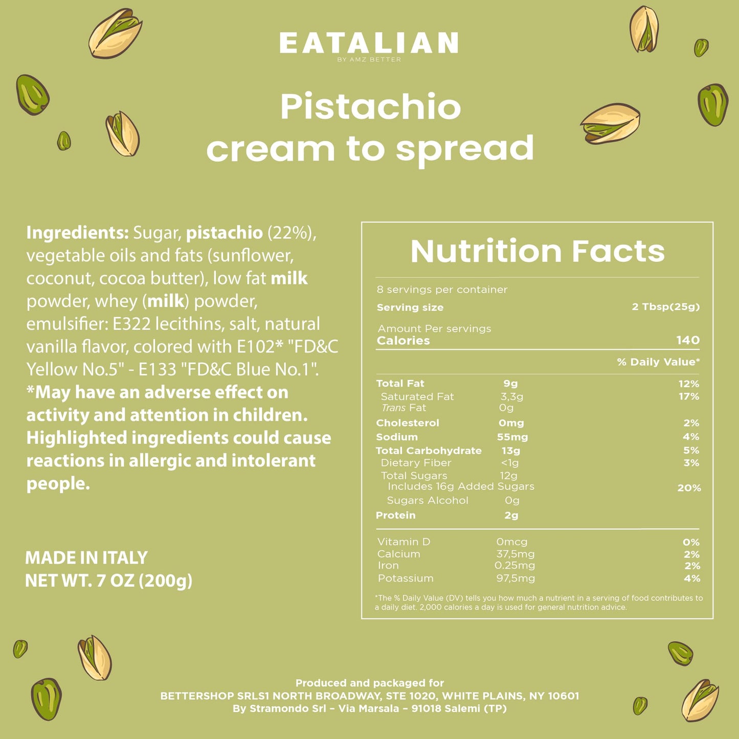 Eatalian By Amz Better Pistachio Cream, 7Oz/200 Gr, Spreadable Pistachio Paste, Sweet And Unique Taste, Ideal On Bread, For Cake
