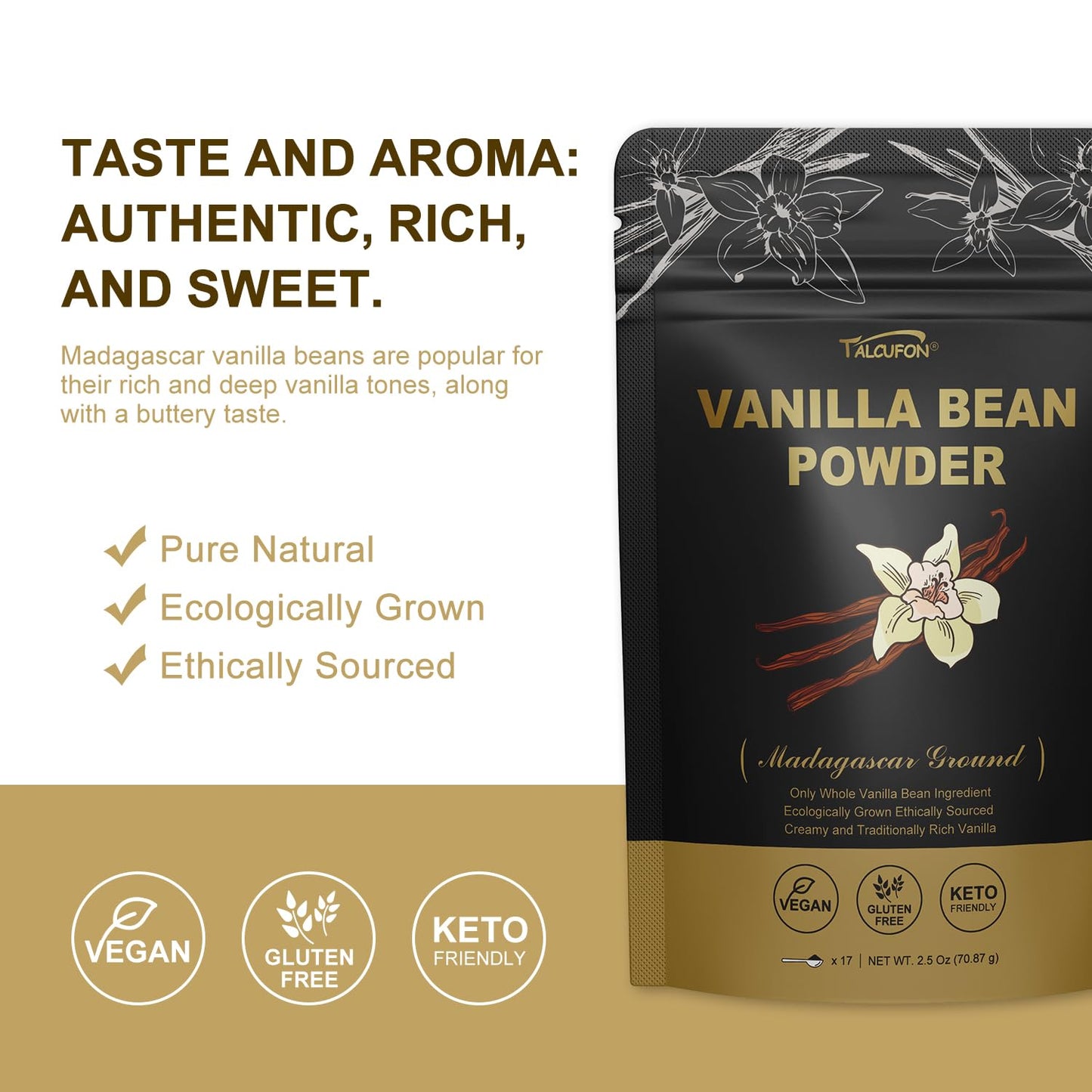 Talcufon Madagascar Ground Vanilla Bean Powder, 100% Ground Vanilla Beans, No Fillers And Additives, Gluten Free, Non-Gmo Great