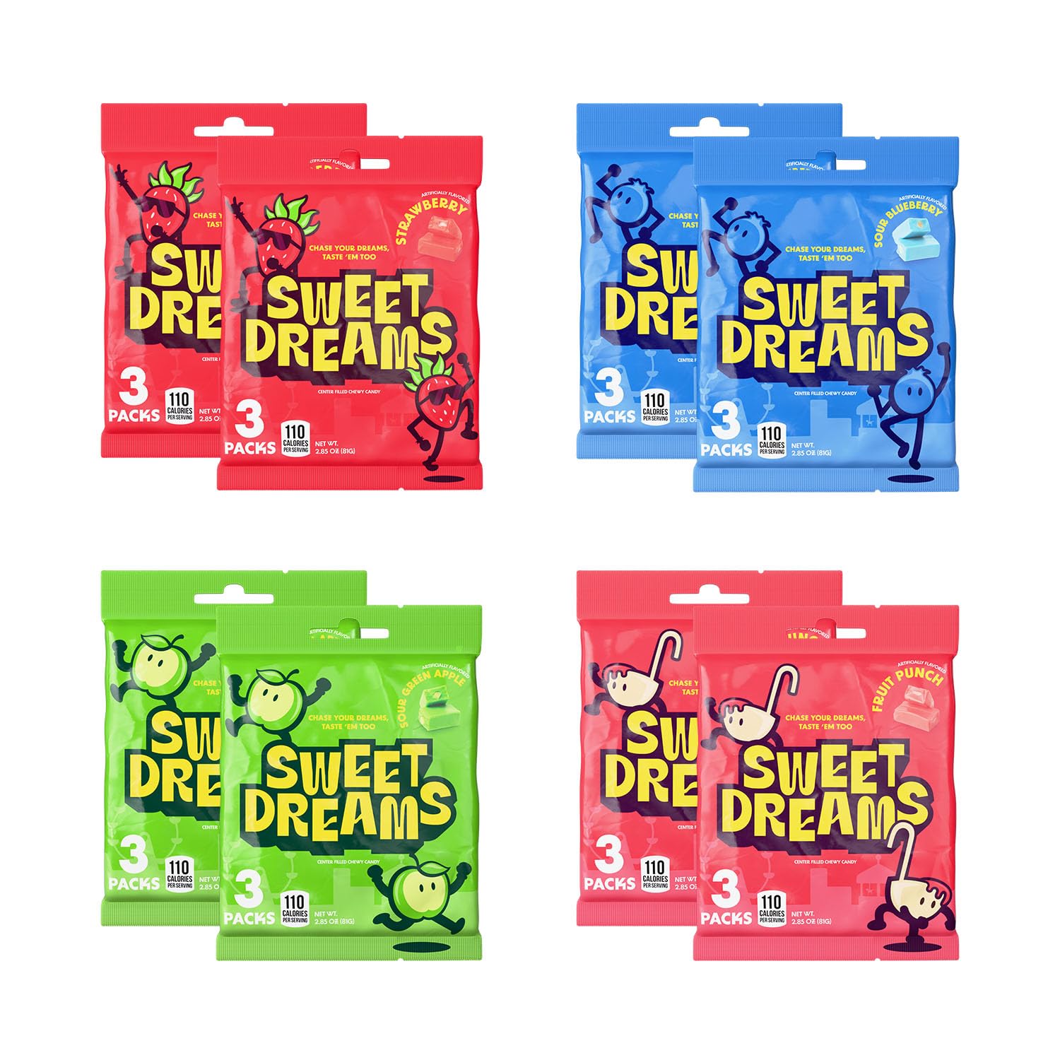 Sweet Dreams Center Filled Soft Chewy Candy Individually Wrapped  Gluten-Free Candies  Bulk Fruit Chews - Variety Pack [2 Of Each Flavor] - 3 Sticks Per Bag  8 Pieces Per Stick- 192 Total Pieces