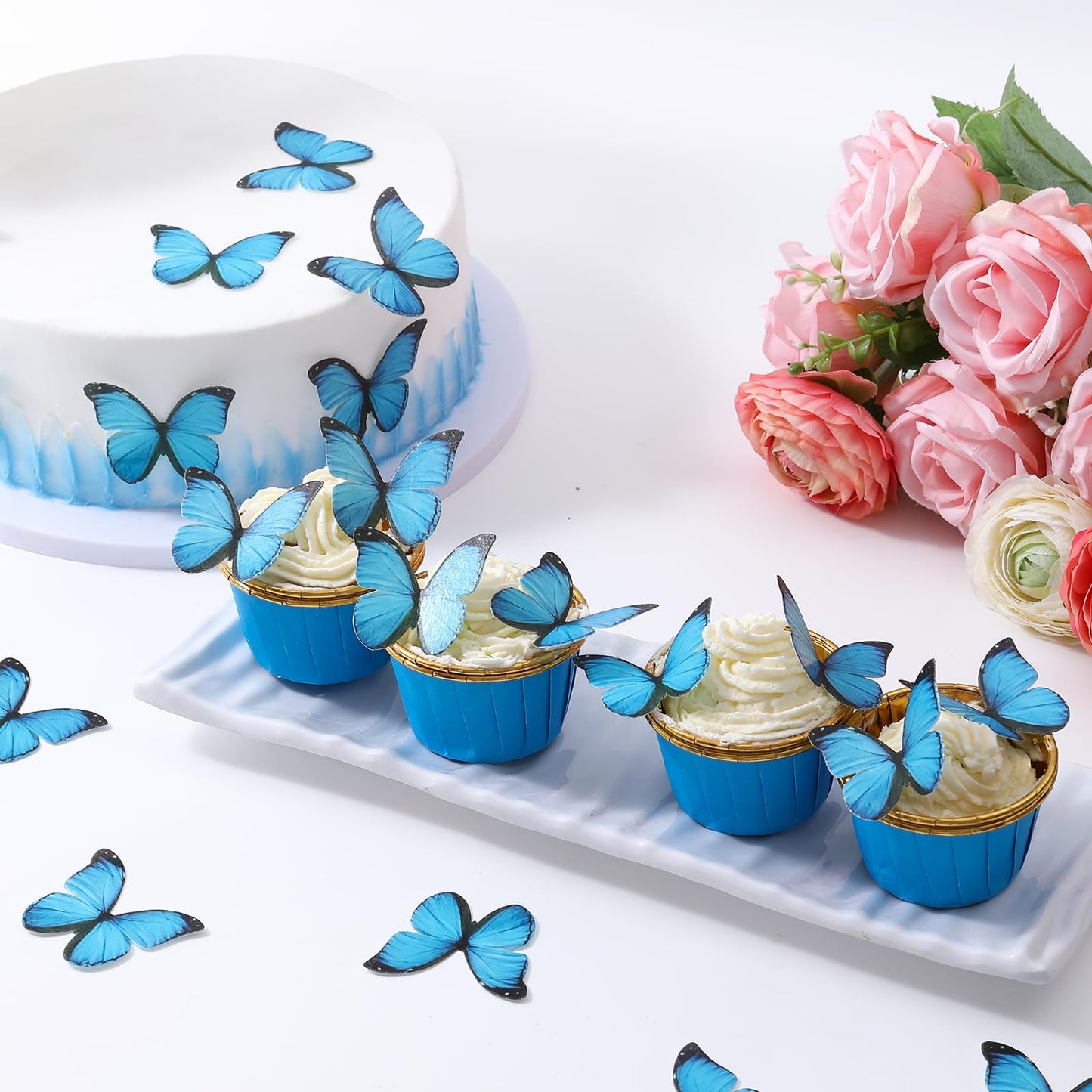 Yocity Butterfly Cupcake Toppers 48Pcs Edible Blue Butterfly Cake Decorations Edible Butterflies For Cake Decorating Wafer Paper