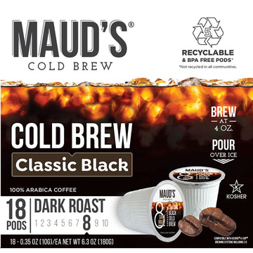 Maud'S Black Cold Brew Dark Roast Coffee Pods, 18 Ct | Cold Brew Classic Black Coffee | 100% Arabica Dark Roast Coffee | Solar E