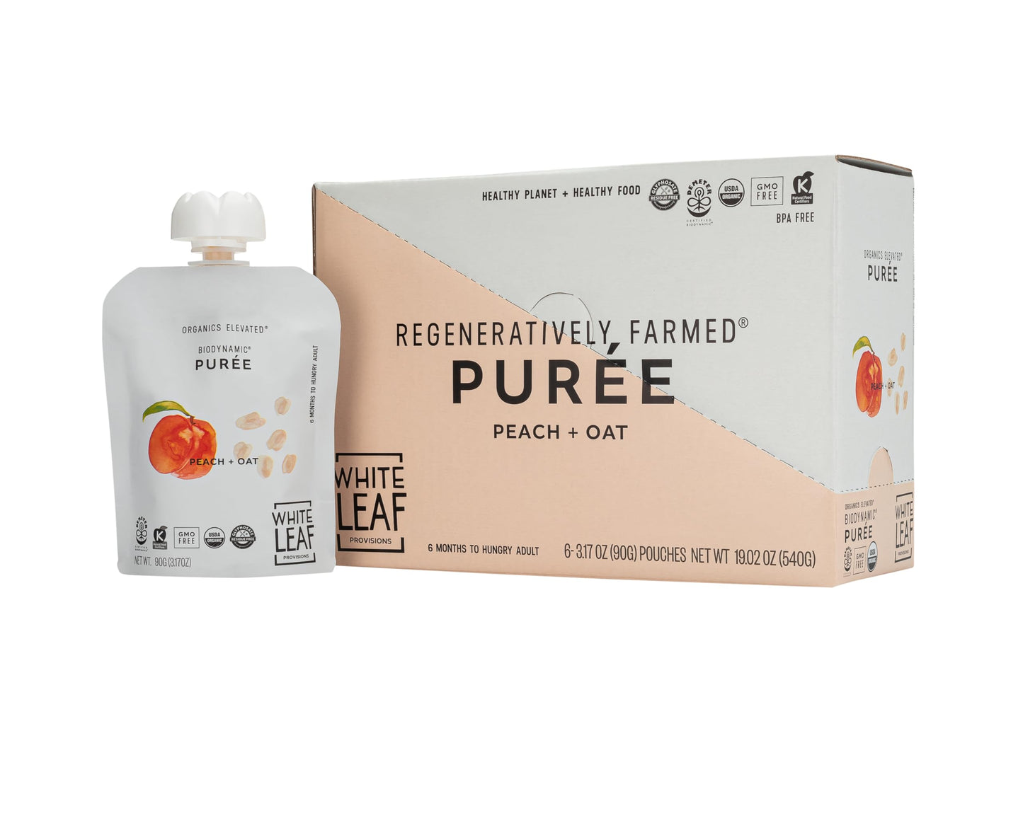 White Leaf Provisions Organic Purees/Baby Food Pouches - Fruits, Veggies & Grains, Toddler Snack, Regeneratively Farmed, No Added Sugar, Non-Gmo, Bpa-Free Pouches 3.17 Oz (Pack Of 24, Peach + Oat)