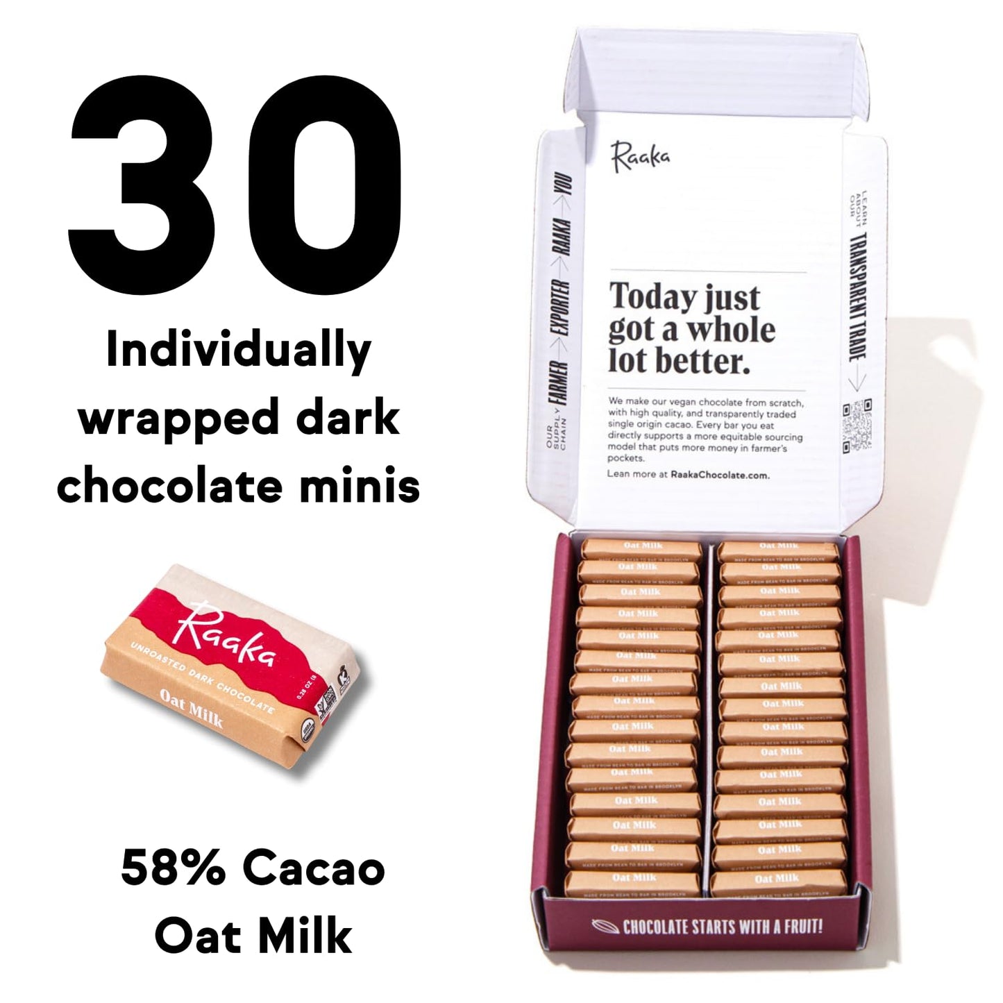Raaka Oat Milk Chocolate Gift Box | 58% Cacao Vegan Milk Chocolate | Organic, Vegan, Gluten Free | Box of 30 Individually Wrappe