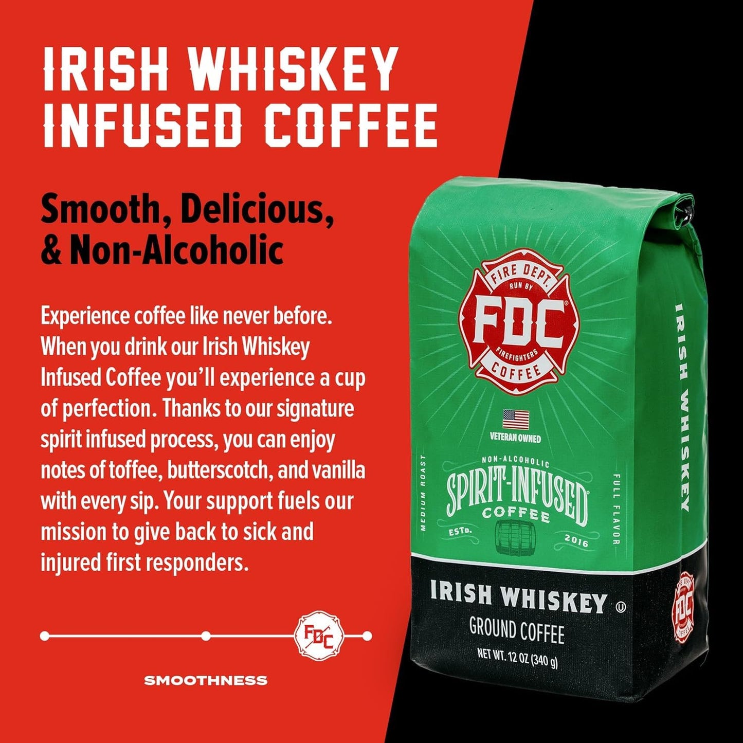 Fire Department Coffee Irish spirit-inspired flavor Infused Ground Coffee, Medium Roast, 12 oz, Pack of 2, Non-  ic, Roasted in the USA