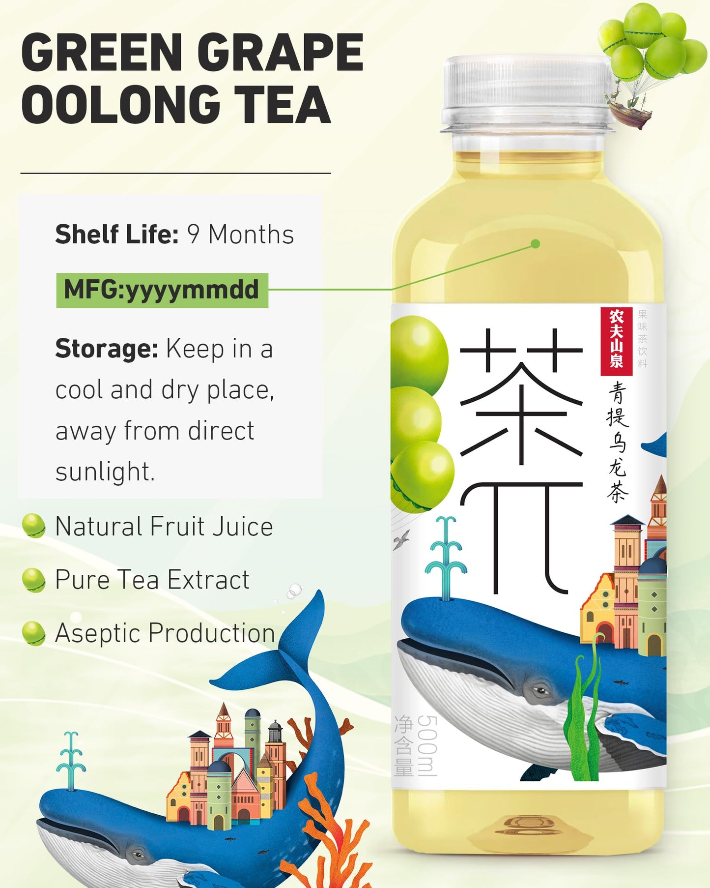 Tea Pi Iced Tea - Oolong Tea, Green Grape Sweet Iced Fruit Tea Bottles, Real Juice, -16.9 Fl Oz, 500Ml, 15 Pack