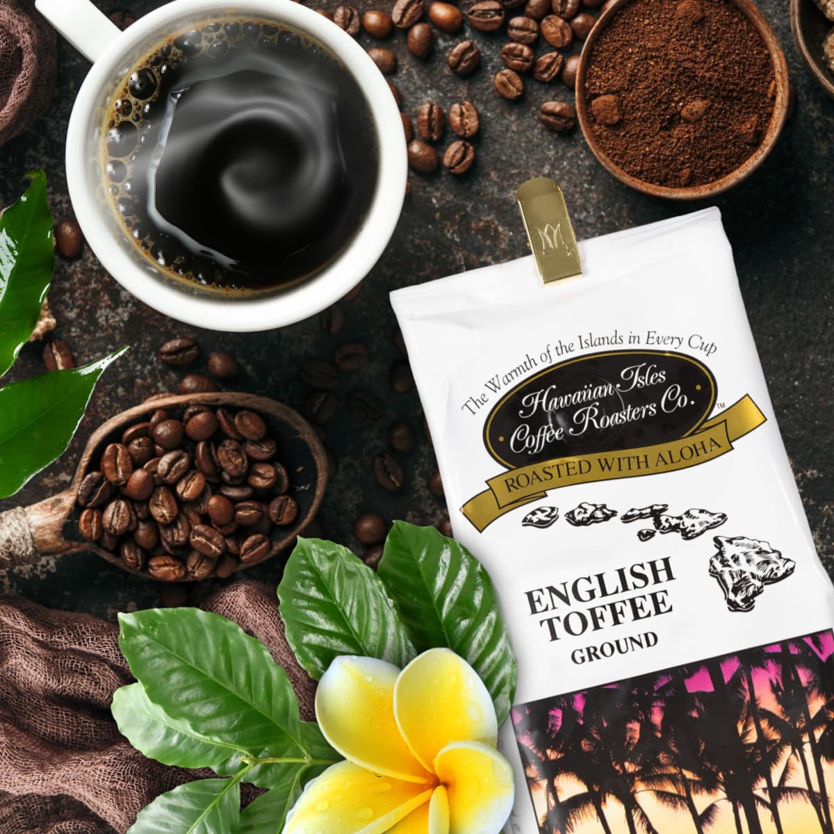 Hawaiian Isles English Toffee Flavored, Light Roast Ground Coffee, Roasted With Aloha - 8 Ounce Bag