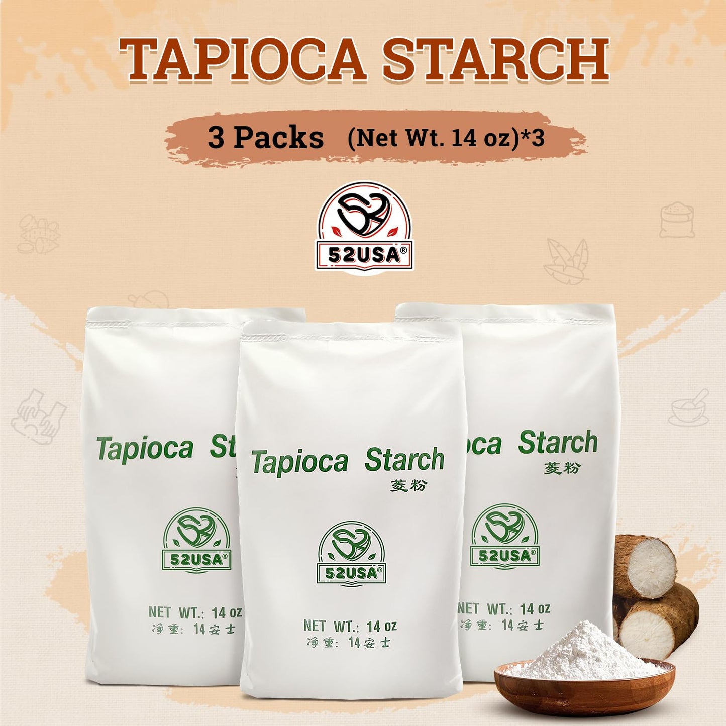52Usa Tapioca Starch, 42Oz (Pack Of 3), Tapioca Flour (1190G), Gluten Free, Kosher, Vegan, No Preservatives, All Natural, Thicke