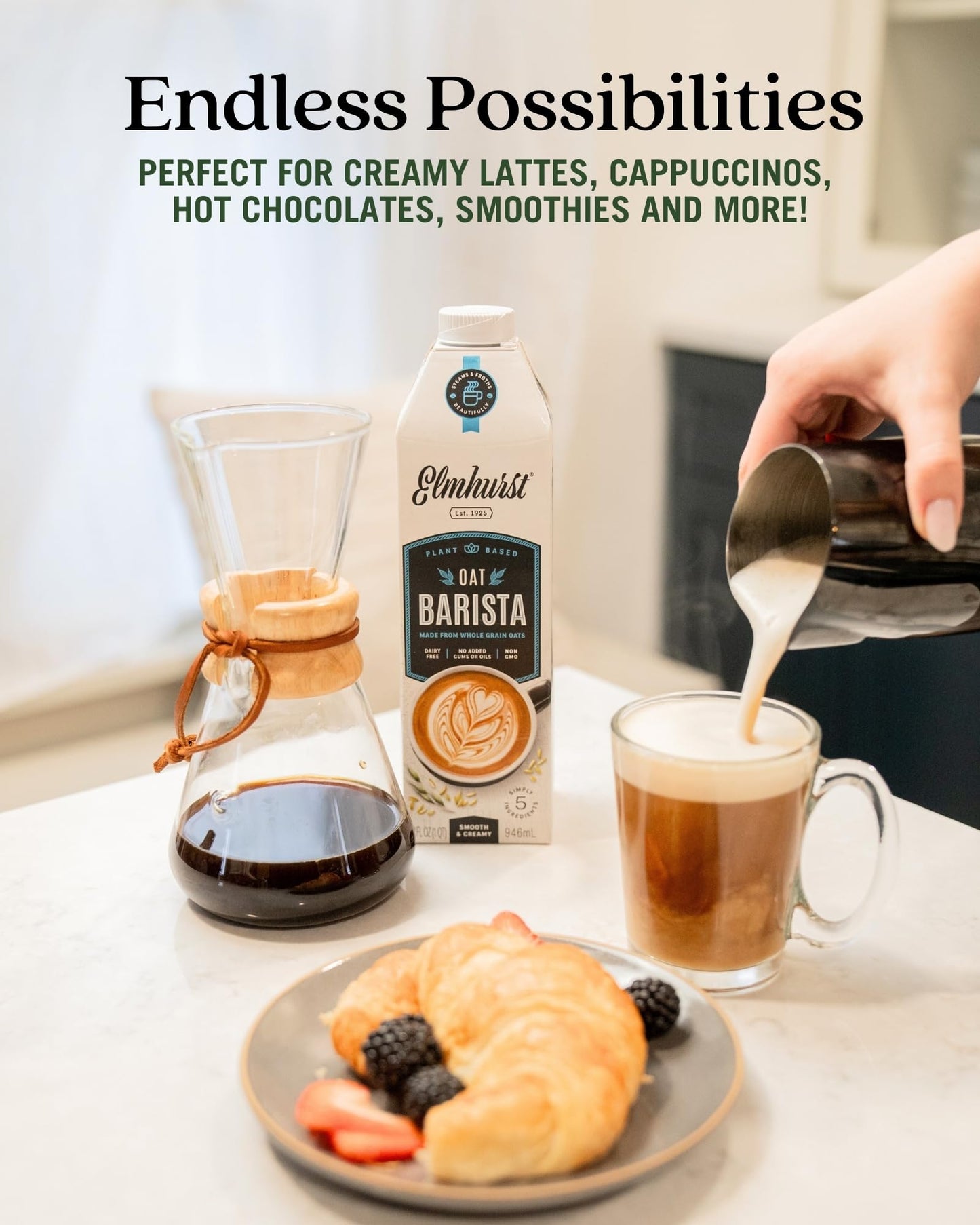 Elmhurst 1925 Oat Milk Barista Edition - 32oz (6-Pack) Plant-Based, Vegan, Dairy-Free, Kosher, Gluten-Free, Non-GMO, Froths for