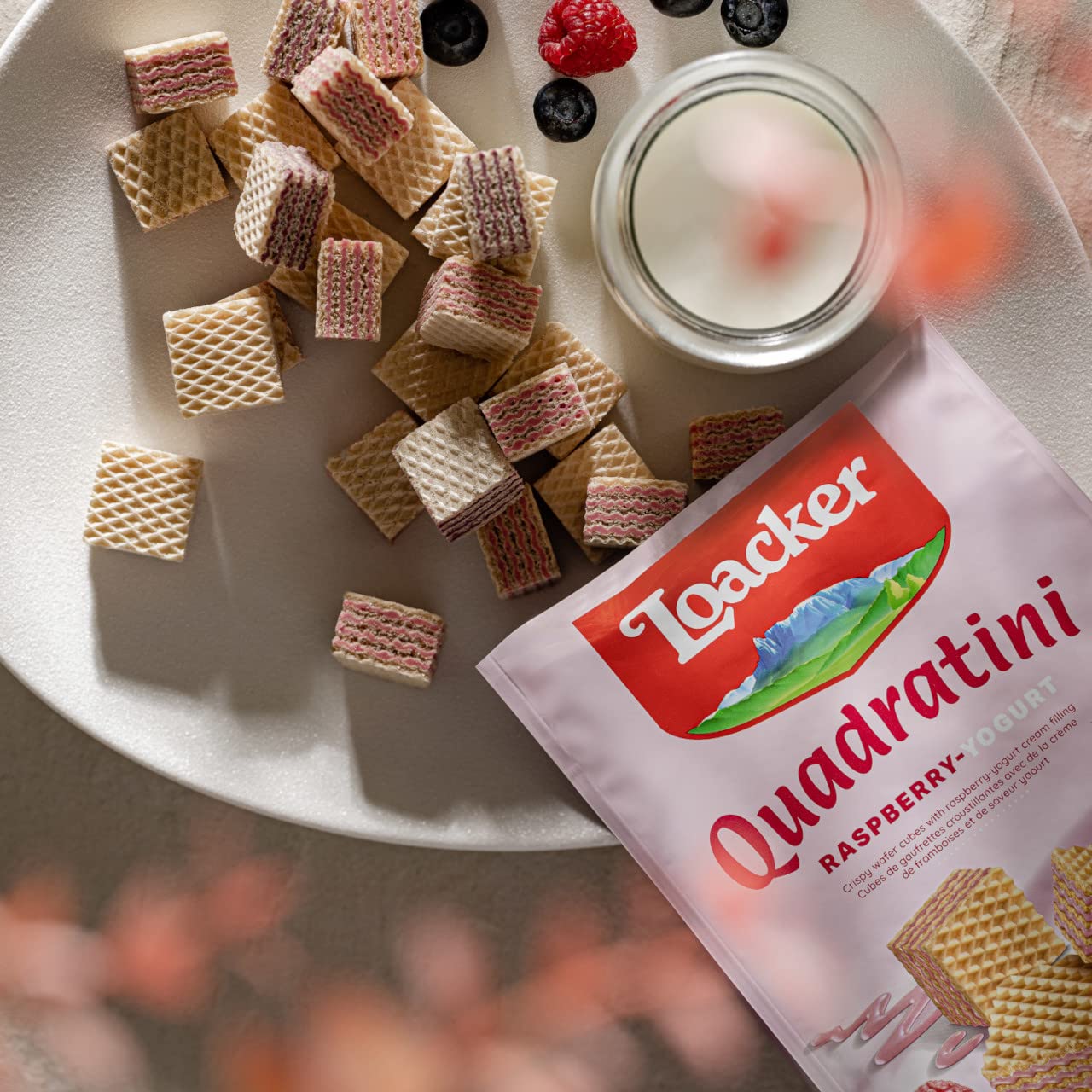 Loacker Quadratini Premium Raspberry-Yogurt Wafer Cookies, 220G/7.76Oz