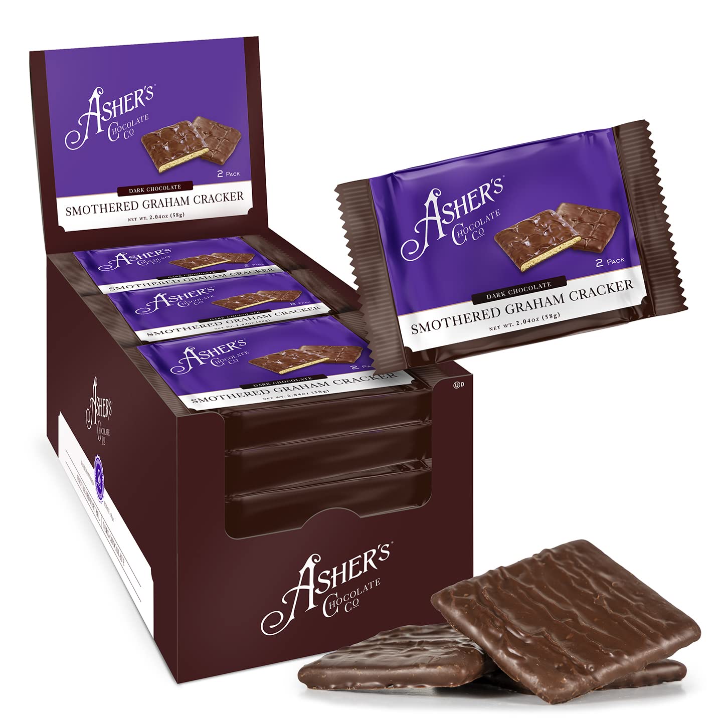 Ashers Chocolates Chocolate Covered Grahams, Gourmet Snack, Dark Chocolate, 15 Count, 2 Packs