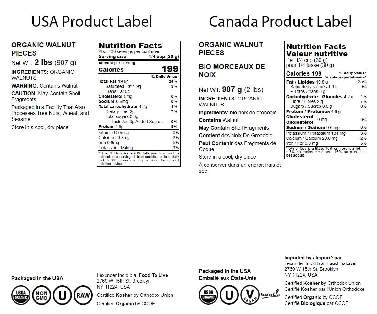Food to Live Organic Walnut Pieces, 2 Pounds - California Chandler Variety. Medium Size. Non-GMO. Rich in Omega-3, Antioxidants,
