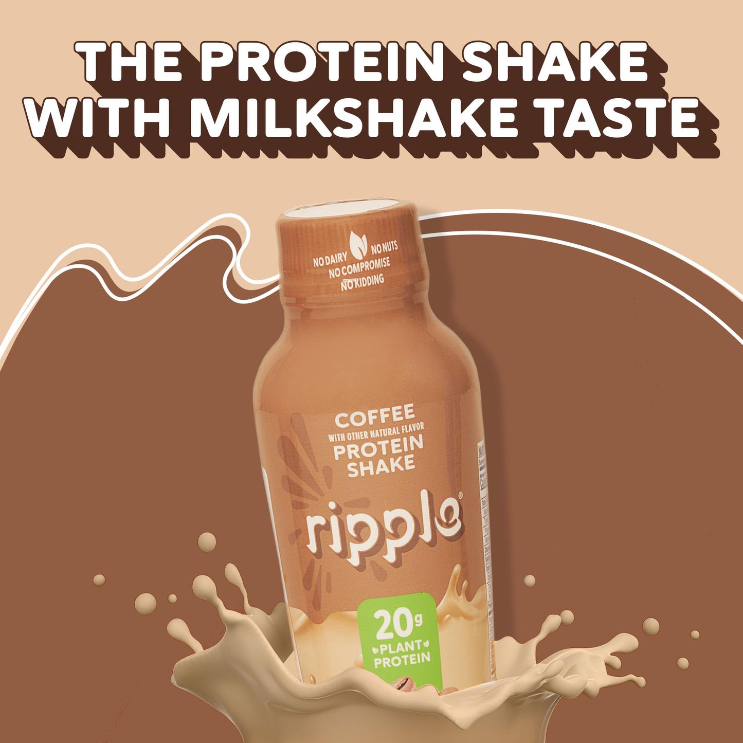 Ripple Vegan Protein Shake, Coffee Flavor, 20g Pea Protein, 12 oz, Pack of 12, Shelf Stable, Non-GMO, Gluten-Free