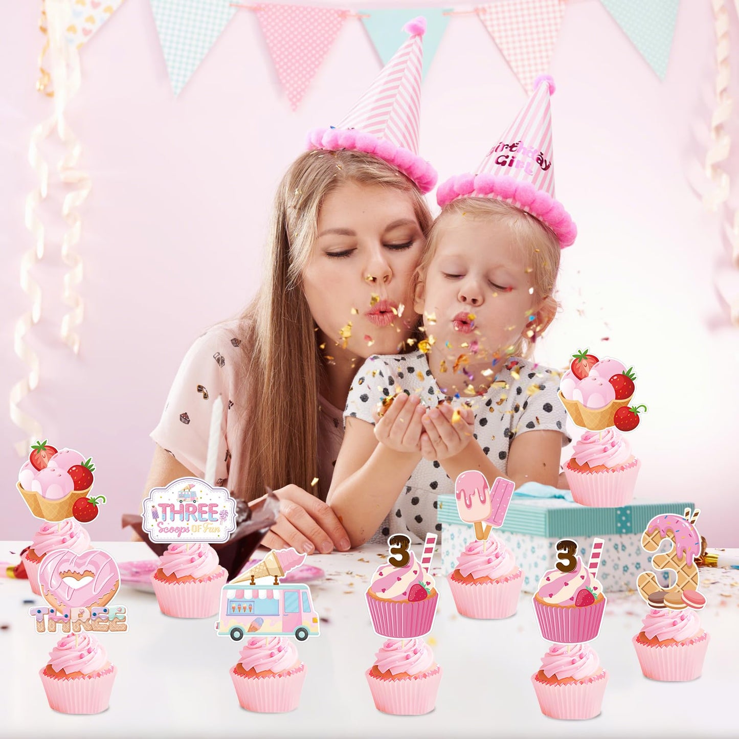 Ice Cream Birthday Party Decorations - Joybileefun 40Pcs Three Scoops Of Fun Birthday Decorations Cupcake Toppers 3Rd Birthday D