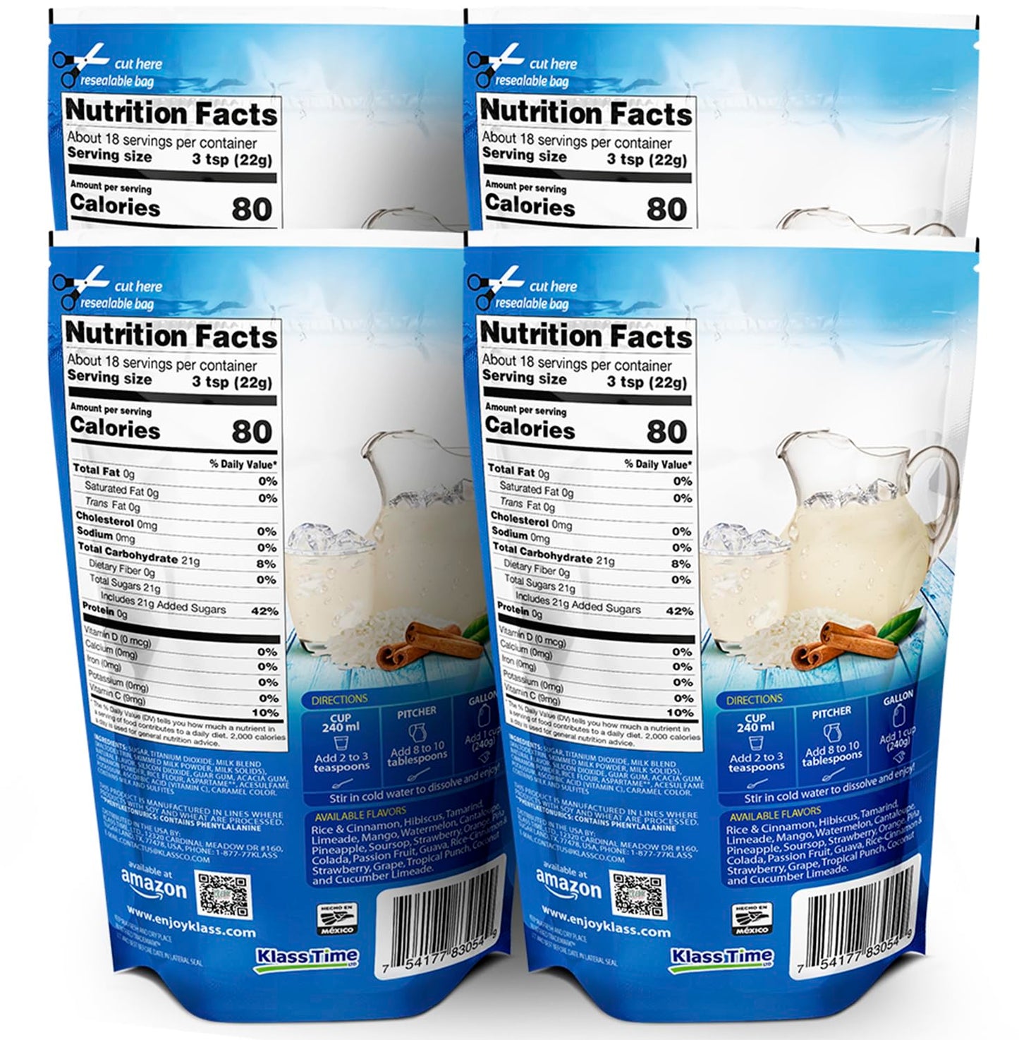 Klass Aguas Frescas | Drink Mix | Horchata | Flavors From Natural Sources, No Artificial Flavors, With Vitamin C (Makes 7 To 9 Quarts) 14.1 Oz Family Pack (4-Pack)