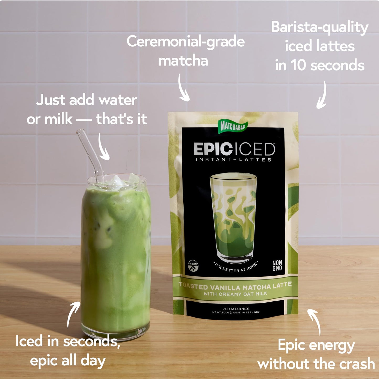Matchabar Epic Iced Instant Latte Powder | Toasted Vanilla Matcha w/Oat Milk Base | Low Sugar, Non-Diary & Vegan Instant Iced Ma