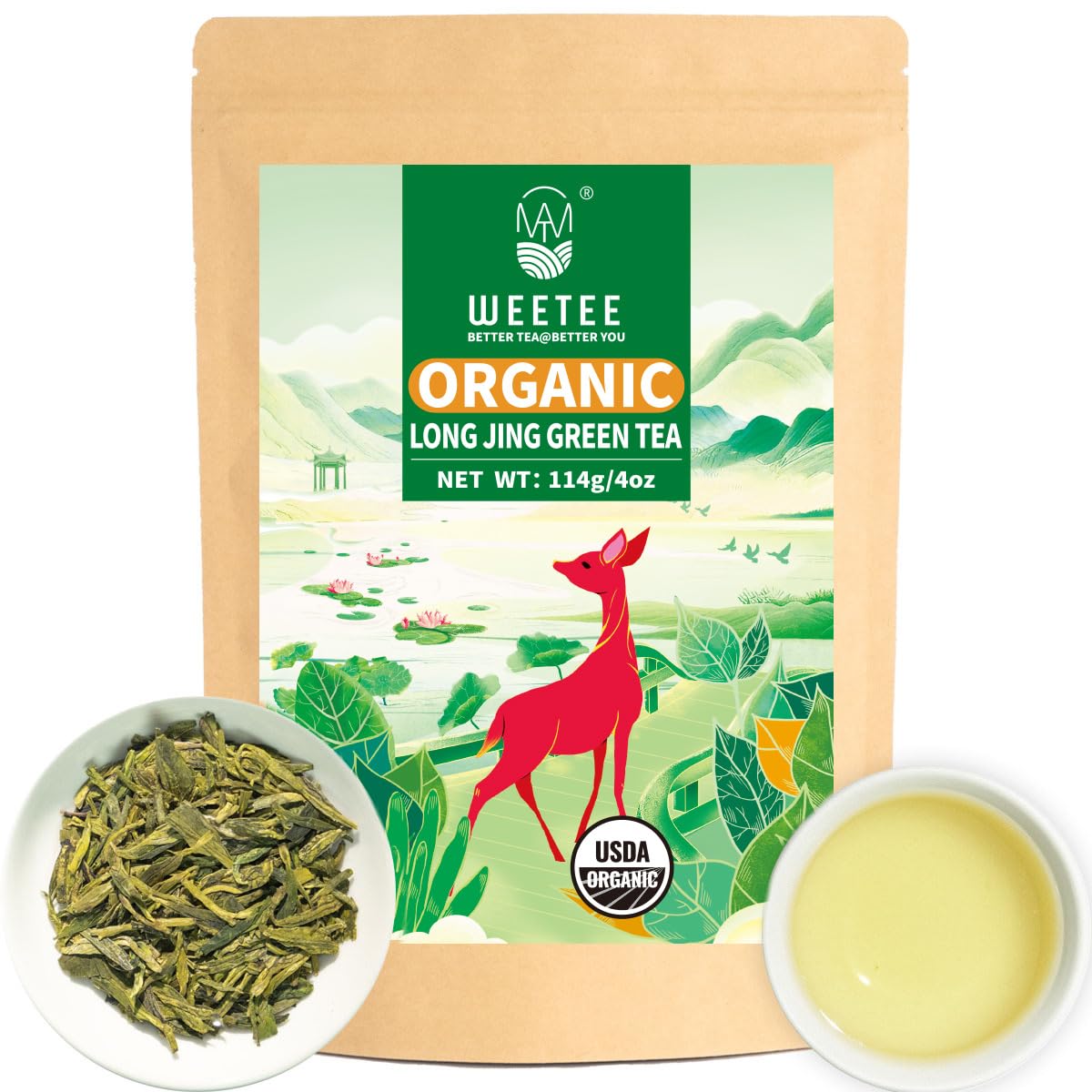 Wt Weetee Organic Longjing Green Tea, Organic Dragonwell Tea Loose Leaf 4Oz (114G), Natural Bean Aromatic Lung Ching Dragon Well