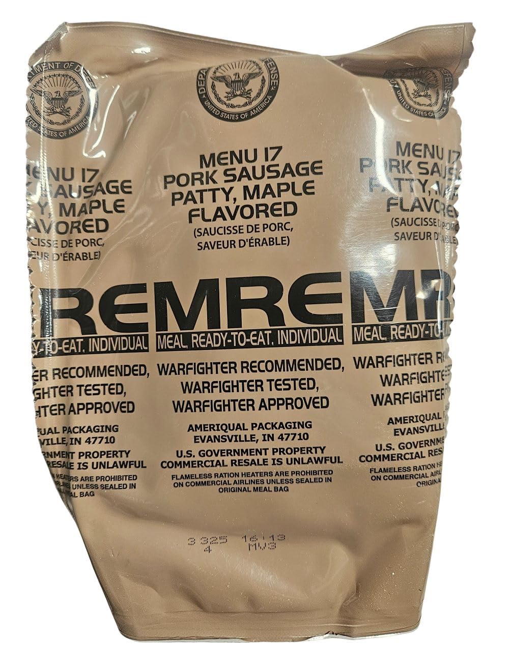 EPIDEMIC PROOF Genuine USGI MRE Meal, Ready to Eat - Maple Sausage Patty, Inspection Date 01/2026 or Newer, Includes Entree, Snacks, Dessert
