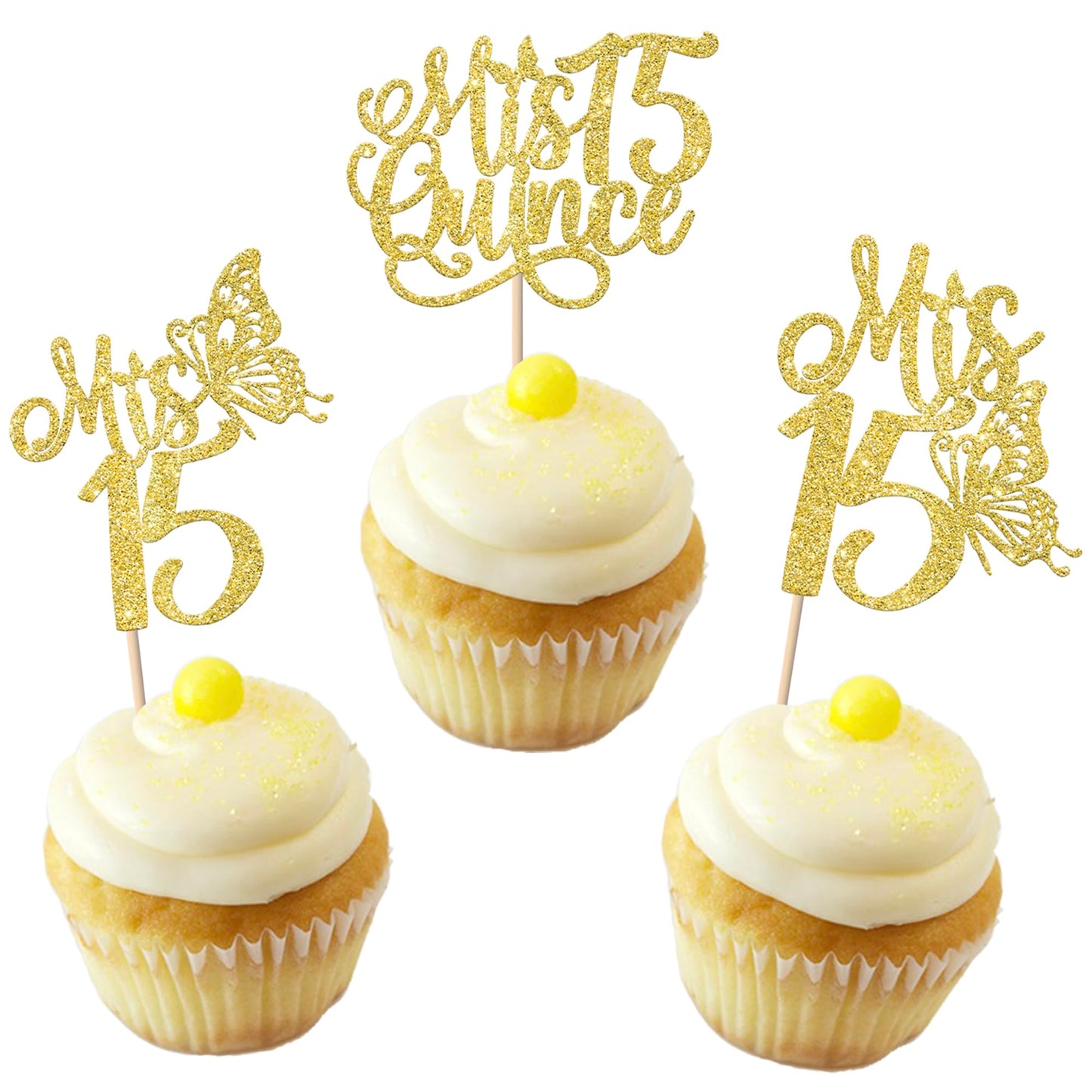 Rsstarxi Cupcake Toppers 15th Birthday Pack, 24 Pieces, Gold Paper Decorations