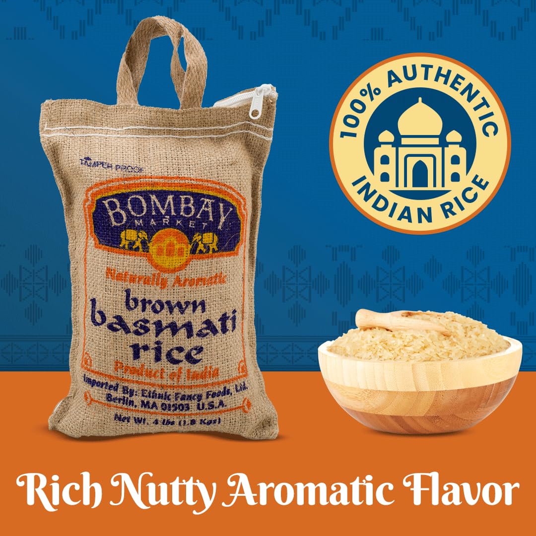 Bombay Market Brown Basmati Rice - Aromatic & Nutty Flavor Basmati Rice - Long Grain Rice Basmati (4 Pound Bag)