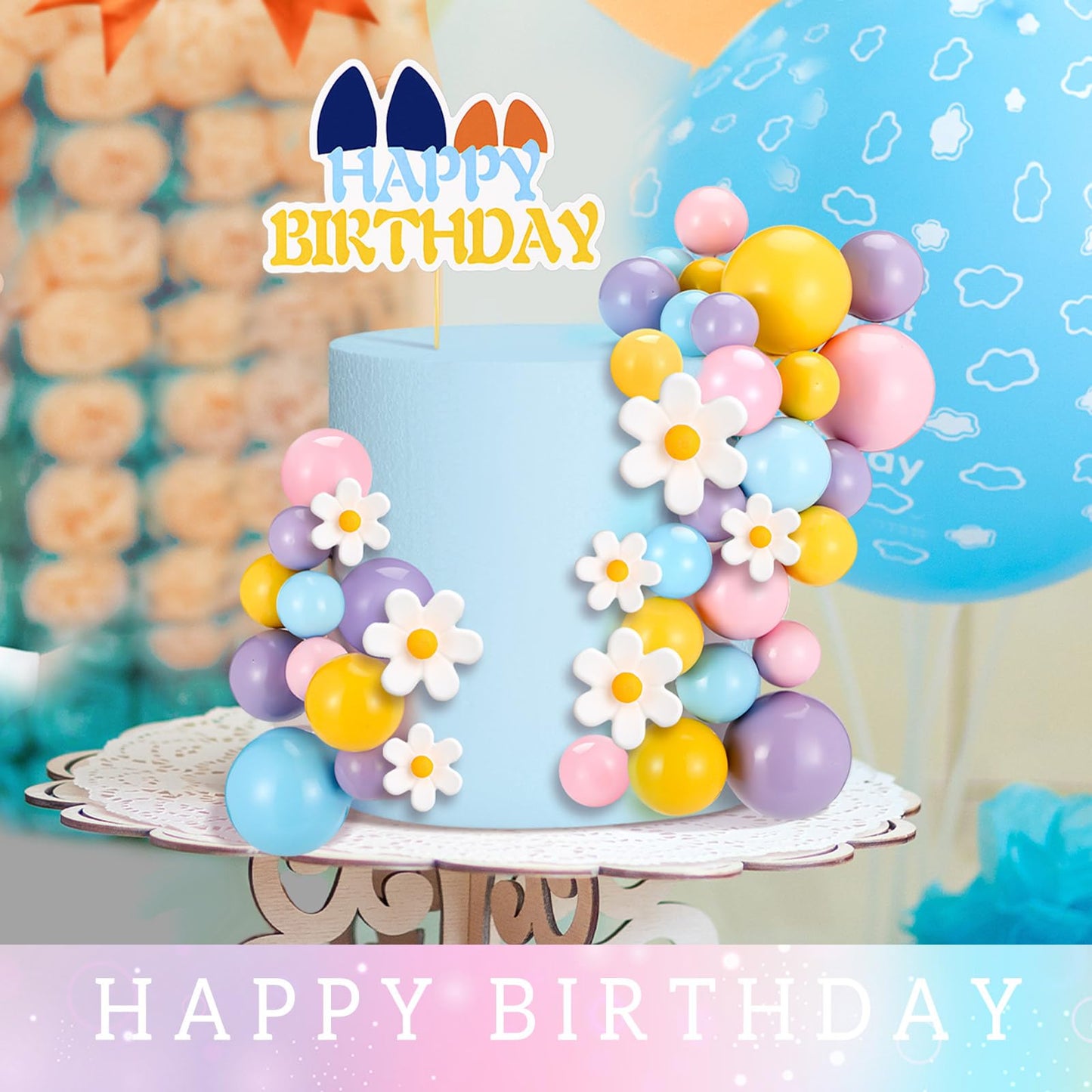 Threehoney 63 Pcs Blue Dog Cake Toppers With Balls Cake Picks And Flowers For Birthday Decoration Groovy Pastel Cupcake Inserts