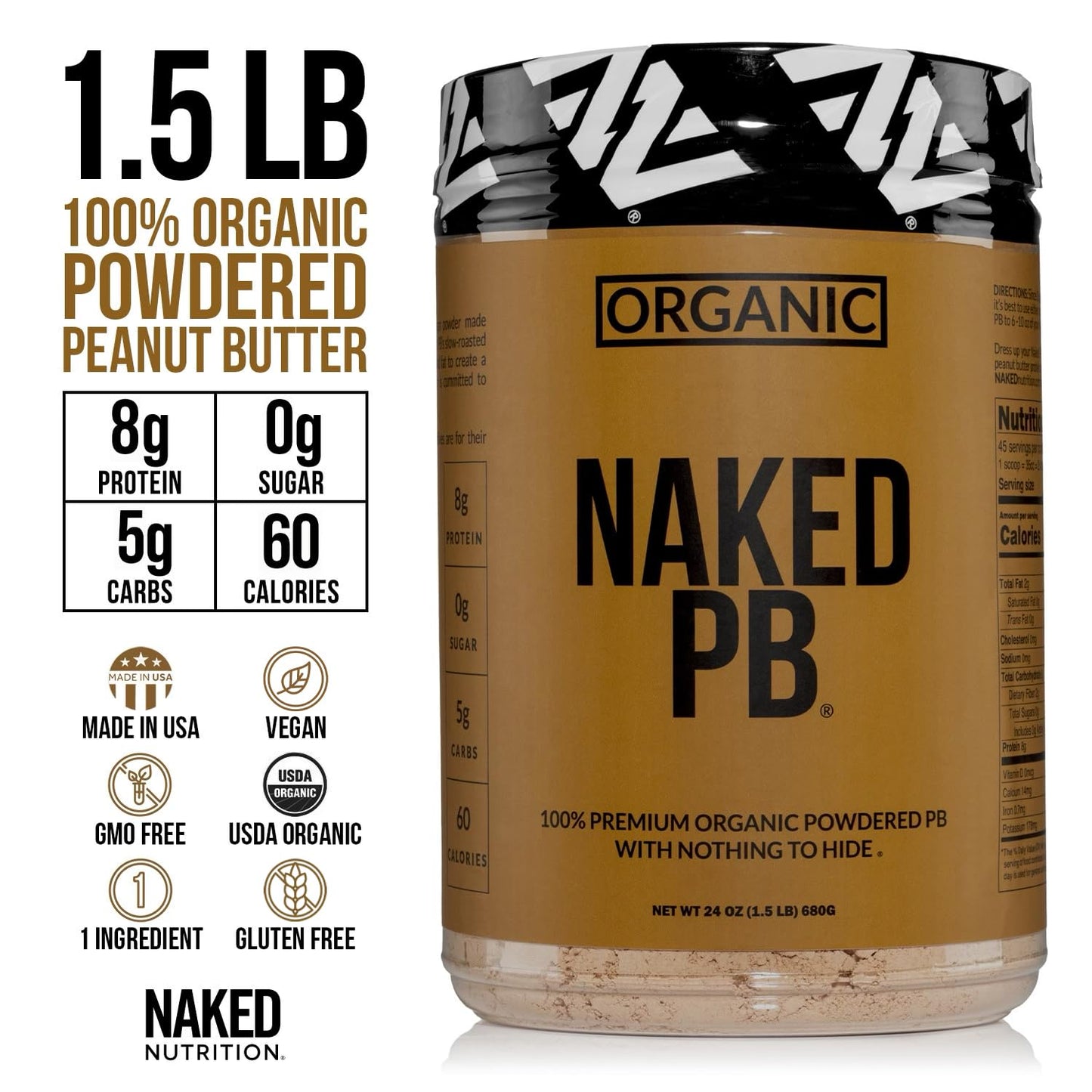 Naked Nutrition Organic Powdered Peanut Butter, 24 oz - Vegan, No Additives, Preservative-Free, Roasted Peanuts, 45 Servings