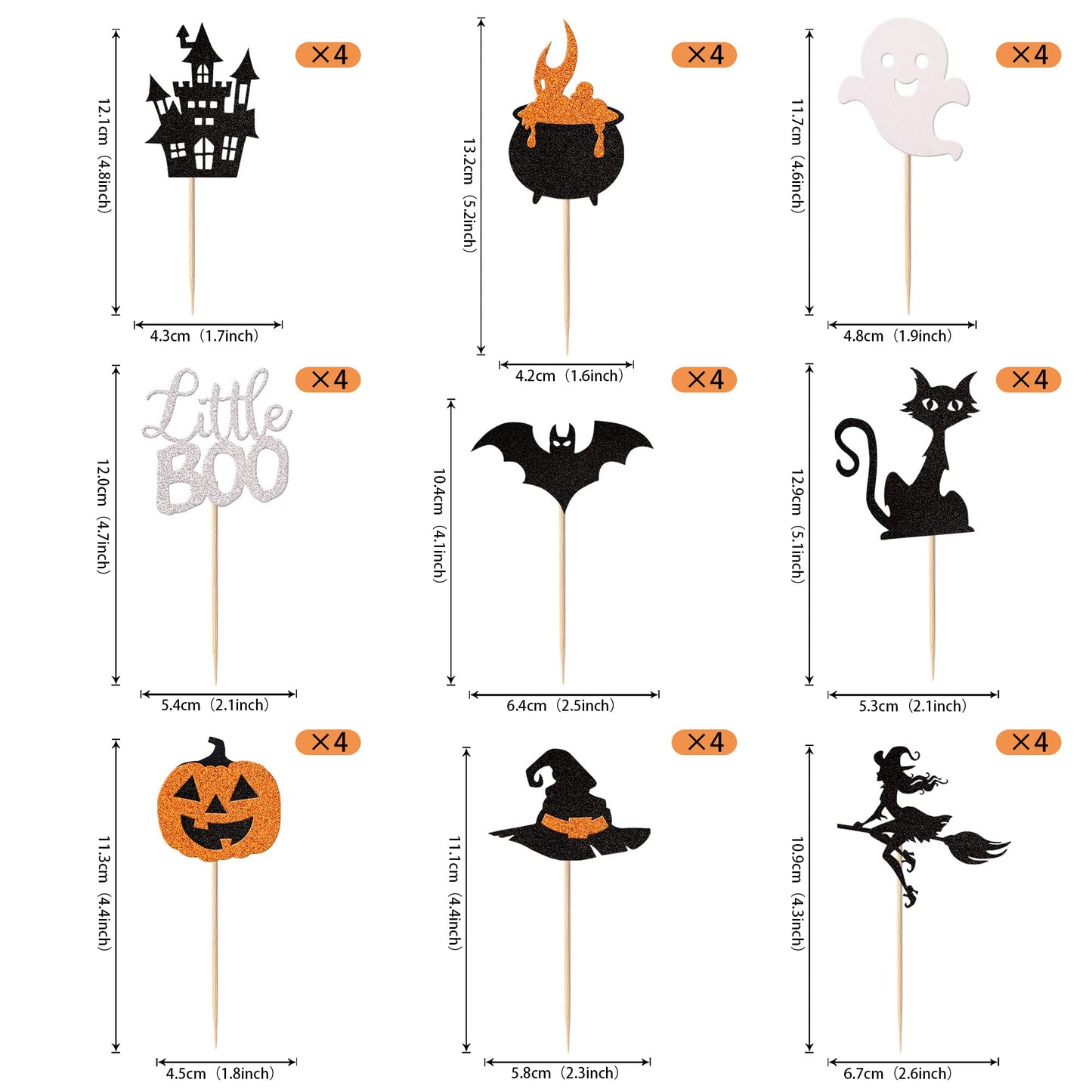 Rssta i Halloween Cupcake Toppers, 36 Pack, Glitter Bat, Witch Hat, Ghost, Cat, Paper, Design 1, for Kids Birthday and Baby Shower
