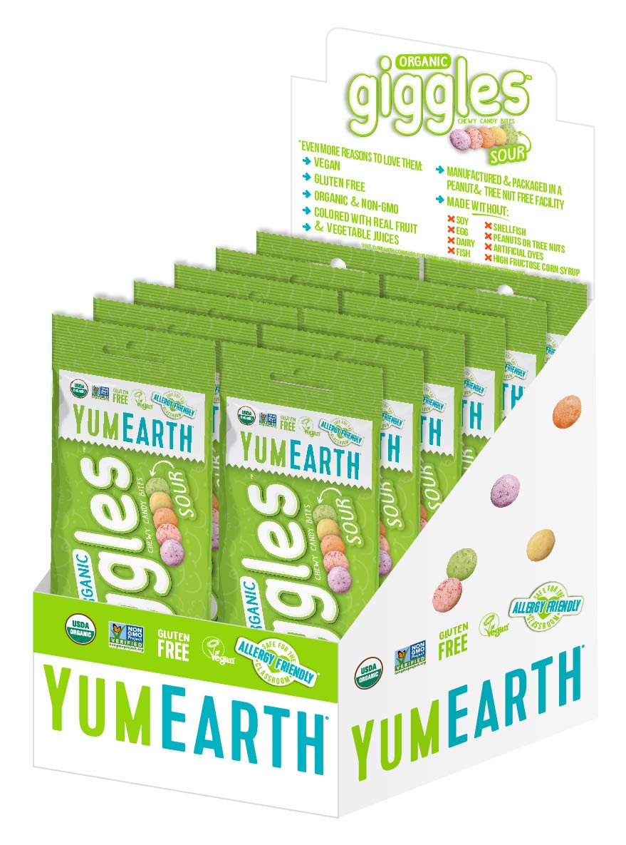 YumEarth Organic Giggles Sour Chewy Candy Bites, 2oz (Pack of 12), Allergy Friendly, Gluten Free, Non-GMO, Vegan, No Artificial 