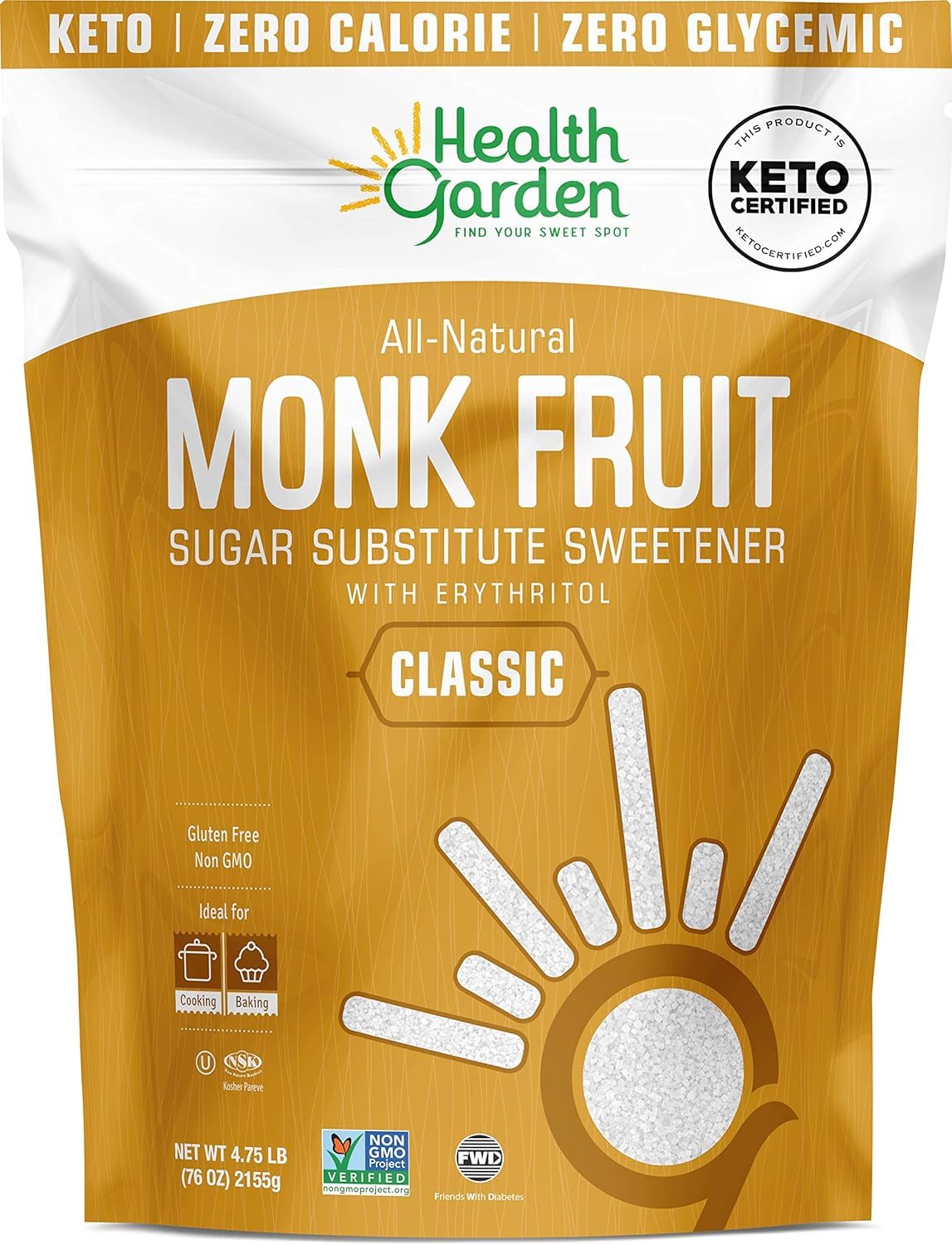 Health Garden Monk Fruit Sweetener, Classic - Non GMO - Gluten Free - Sugar Substitute - Kosher - Keto Friendly (4.75 Pounds (1 