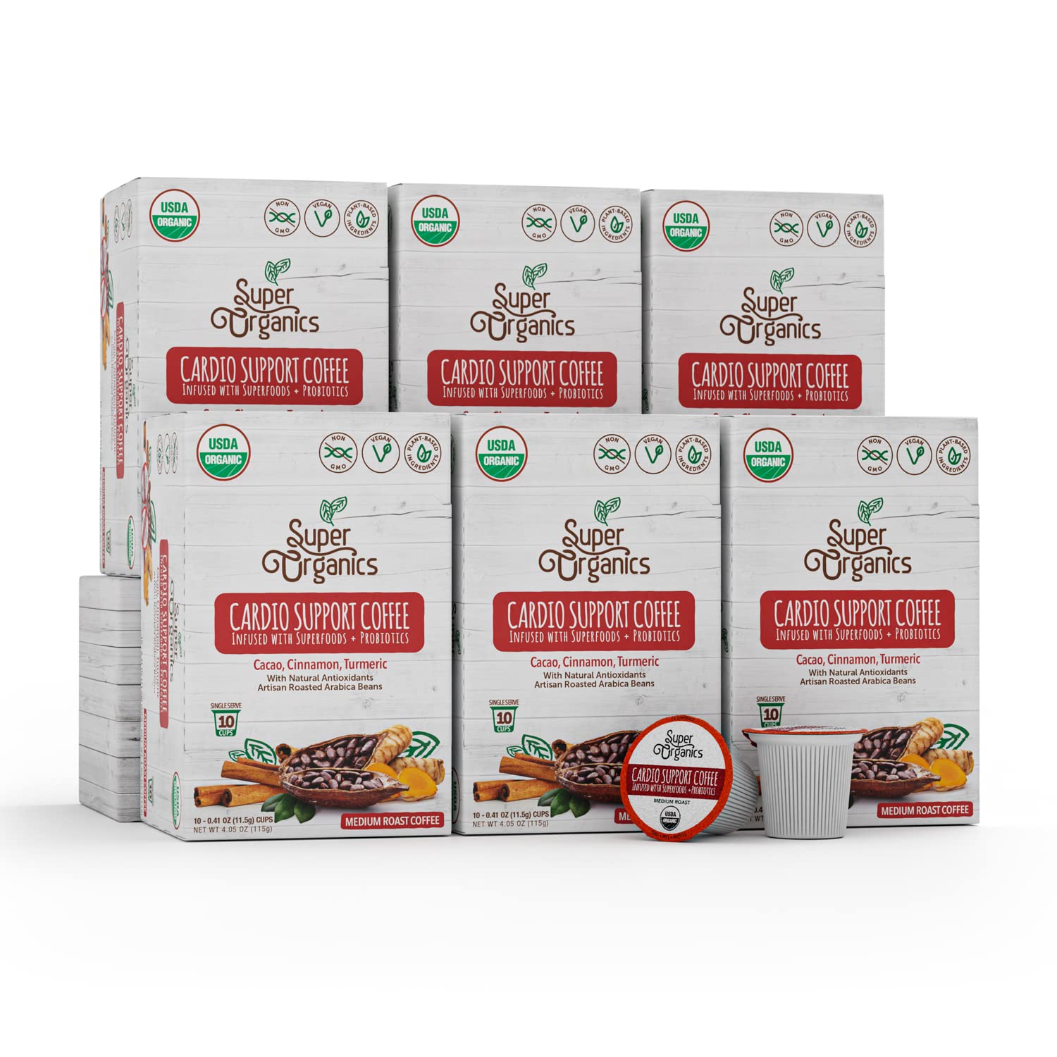 Super Organics Cardio Support Coffee Brew Cups, USDA Organic, Vegan, Medium Roast, 60ct (10 Count Pack of 6)