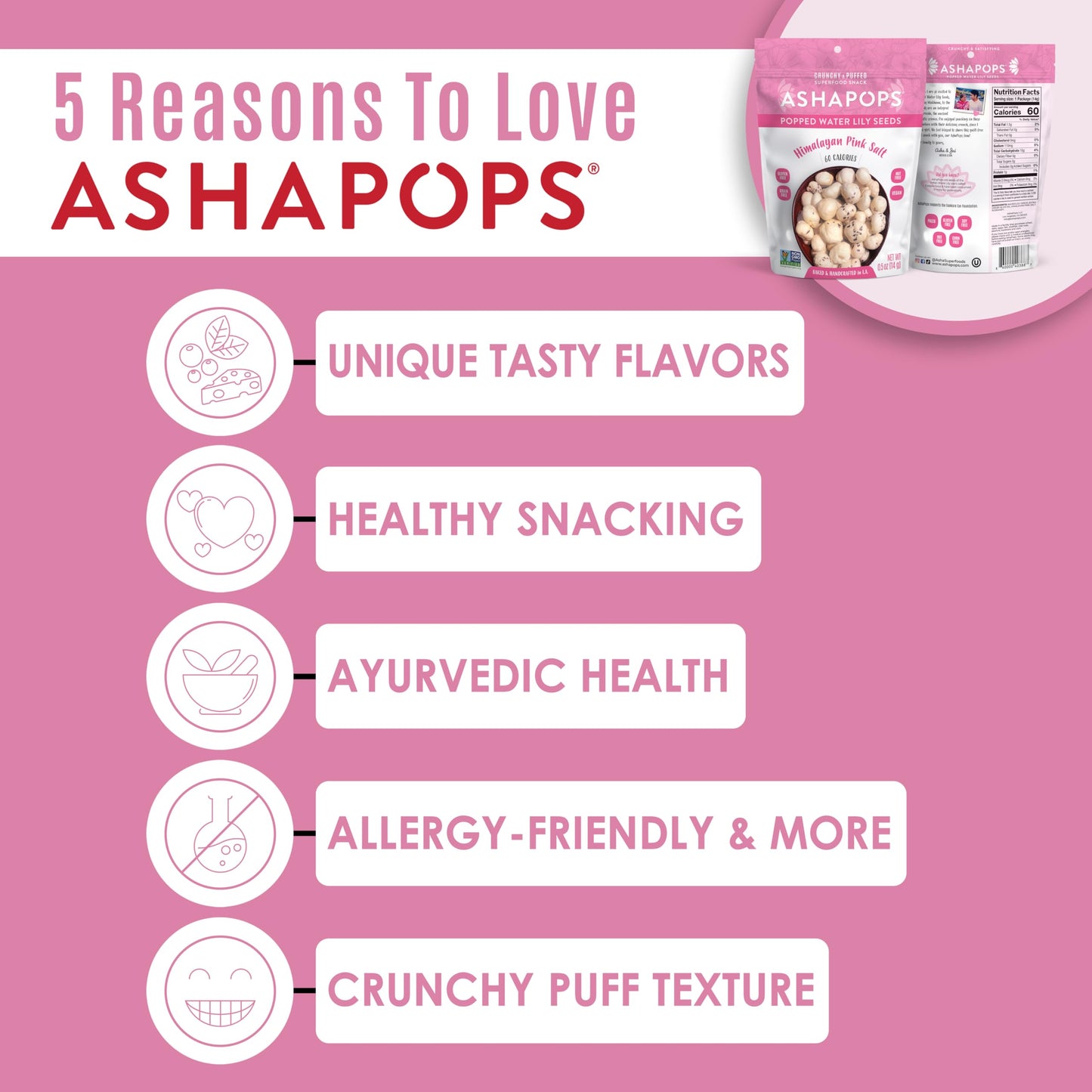 AshaPops Himalayan Pink Salt Flavored Popped Water Lily Seeds, 0.5 oz (Pack of 12) - Gluten-Free, Vegan, Paleo, Nut-Free, Corn-F