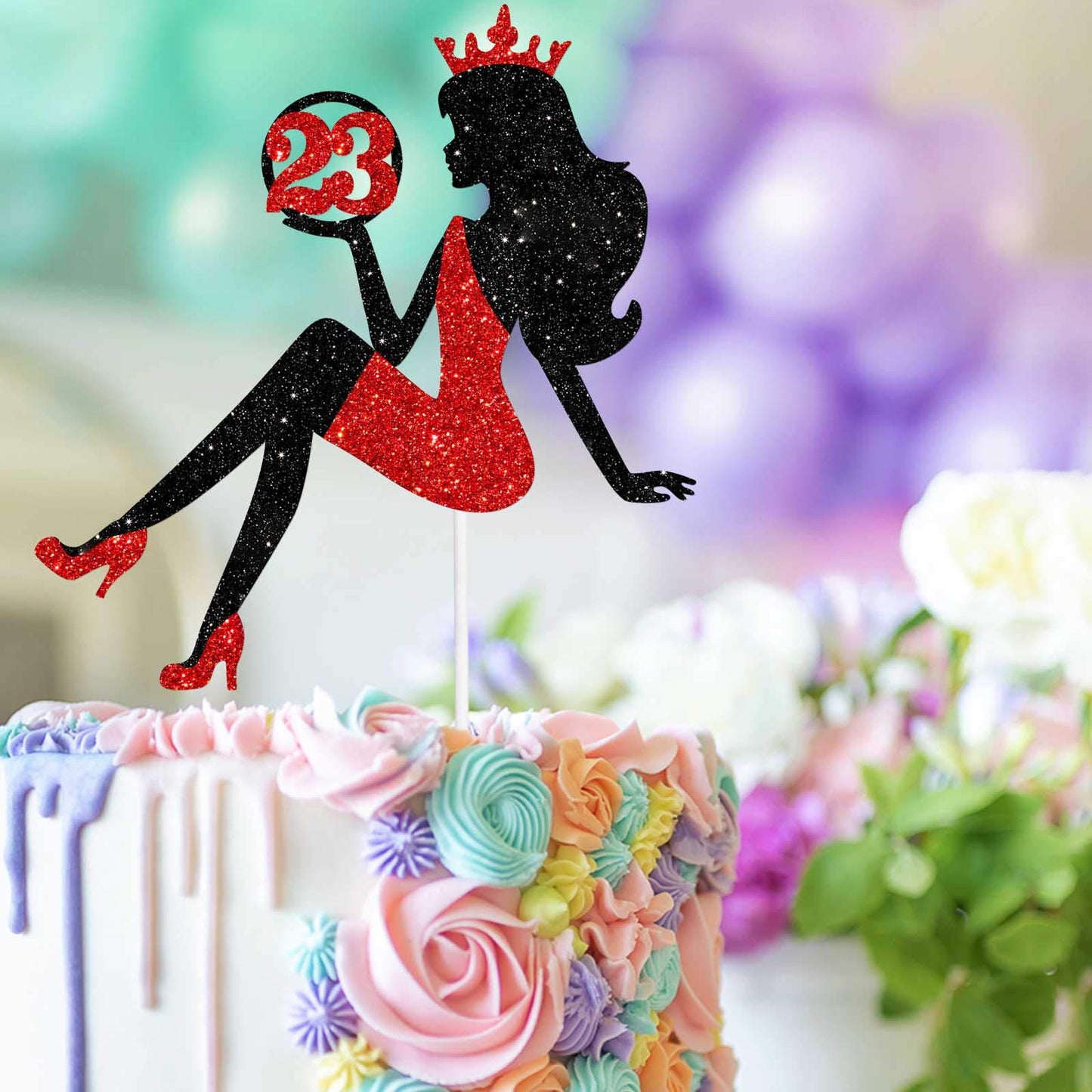 23 Red & Black Sitting Girl Silhouette Cake Topper Decorations With Glamour For Lady 23 Birthday Theme Queen Sexy Party Decor Su