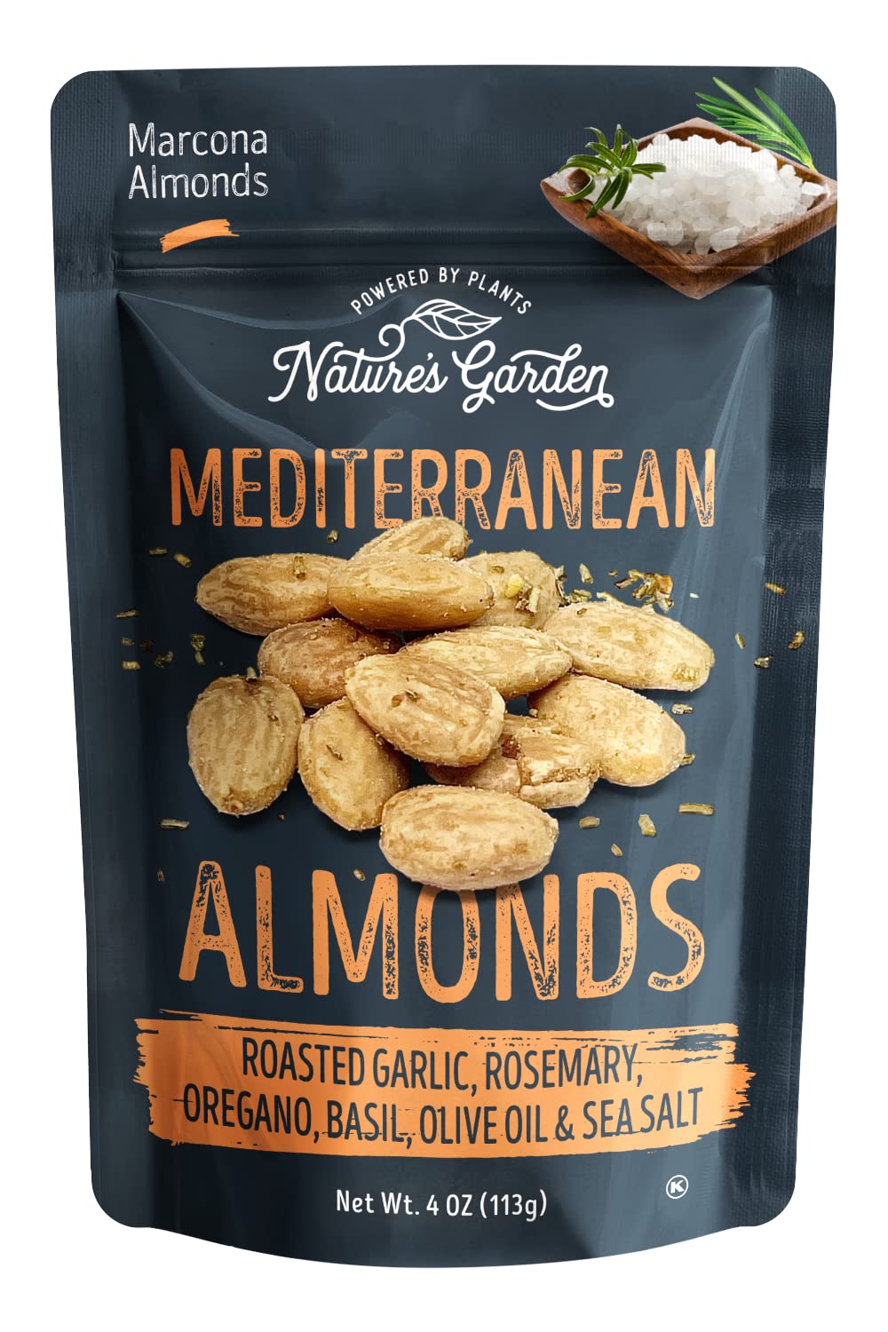 Nature's Garden Mediterranean Almonds, 4 oz (Pack of 6) - Roasted Garlic Almond, Savory Almond Snacks, Flavored Nuts Snack Pack,