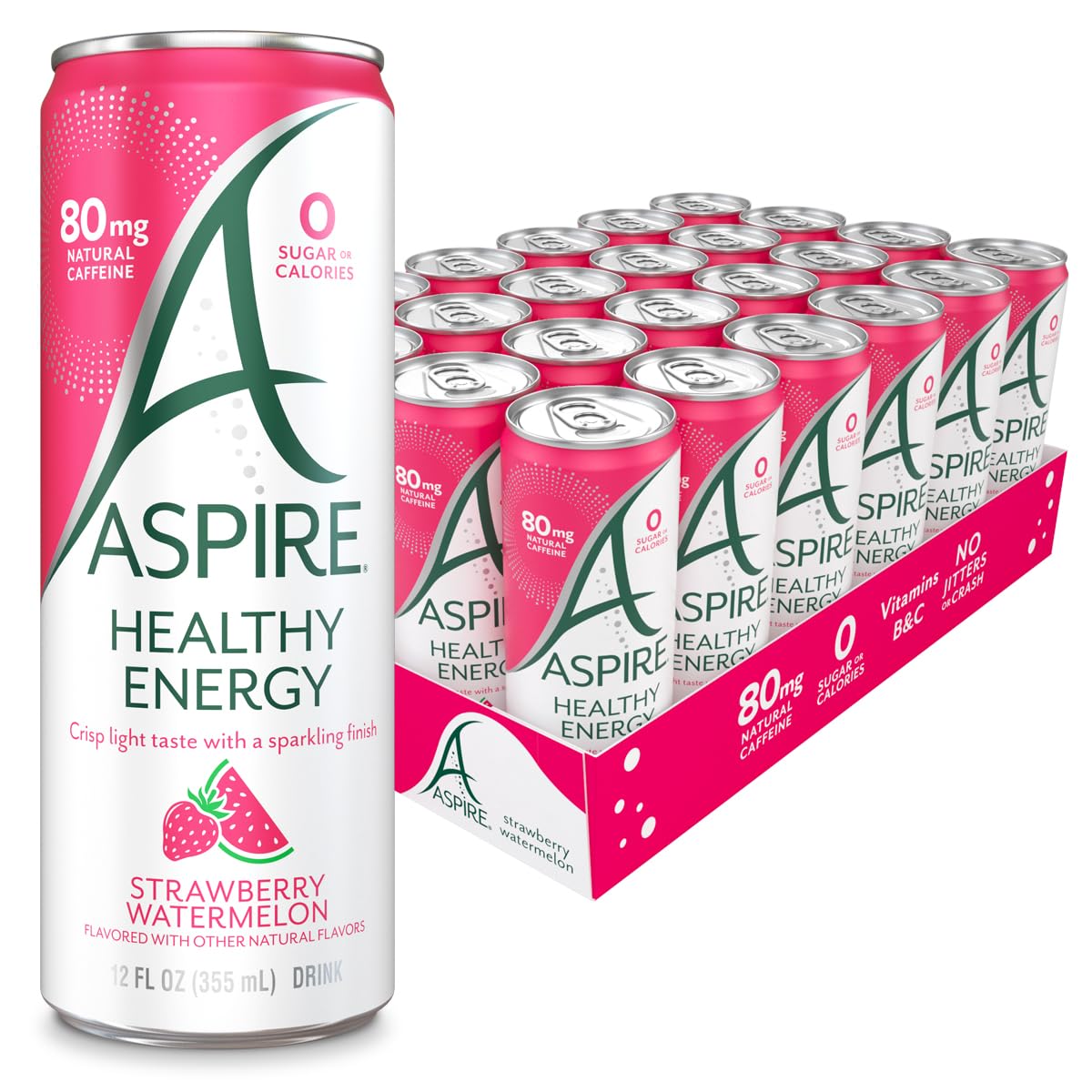 ASPIRE Strawberry Watermelon  Healthy Energy Drink with Low Caffeine  No Sugar  Carbs  and Keto Friendly  24 Pack