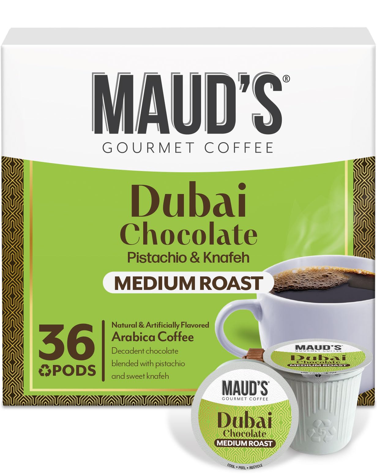 MaudS Dubai Chocolate Flavored Coffee Pods  36 Ct  Medium Roast Flavored Coffee In Recyclable Single Serve Pods - 100% Arabica Beans  Compatible With Keurig K Cups Maker