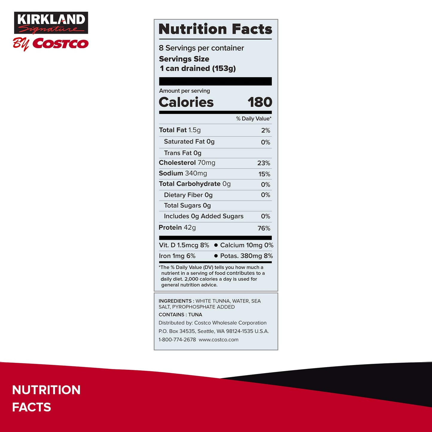 Kirkland Signature Solid White Albacore Tuna, 7 Ounce - 8 Count (Pack Of 1)