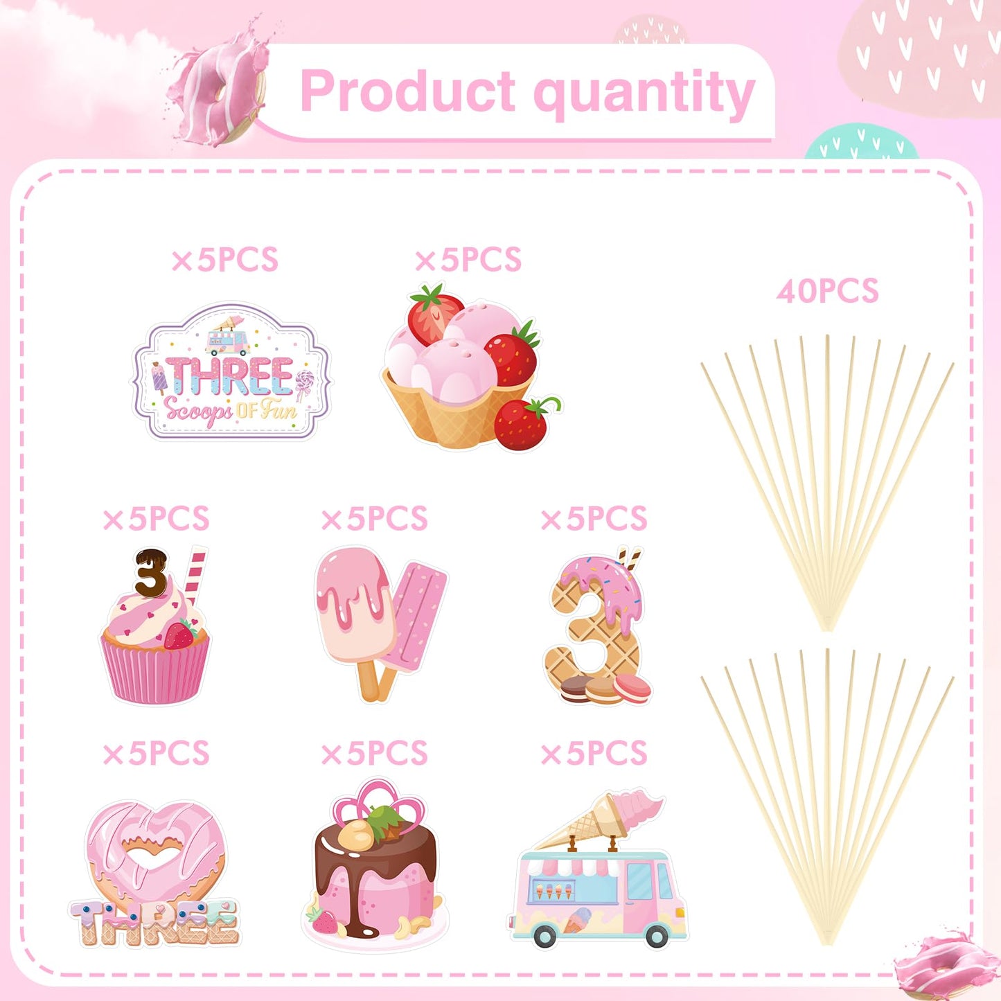 Ice Cream Birthday Party Decorations - Joybileefun 40Pcs Three Scoops Of Fun Birthday Decorations Cupcake Toppers 3Rd Birthday D