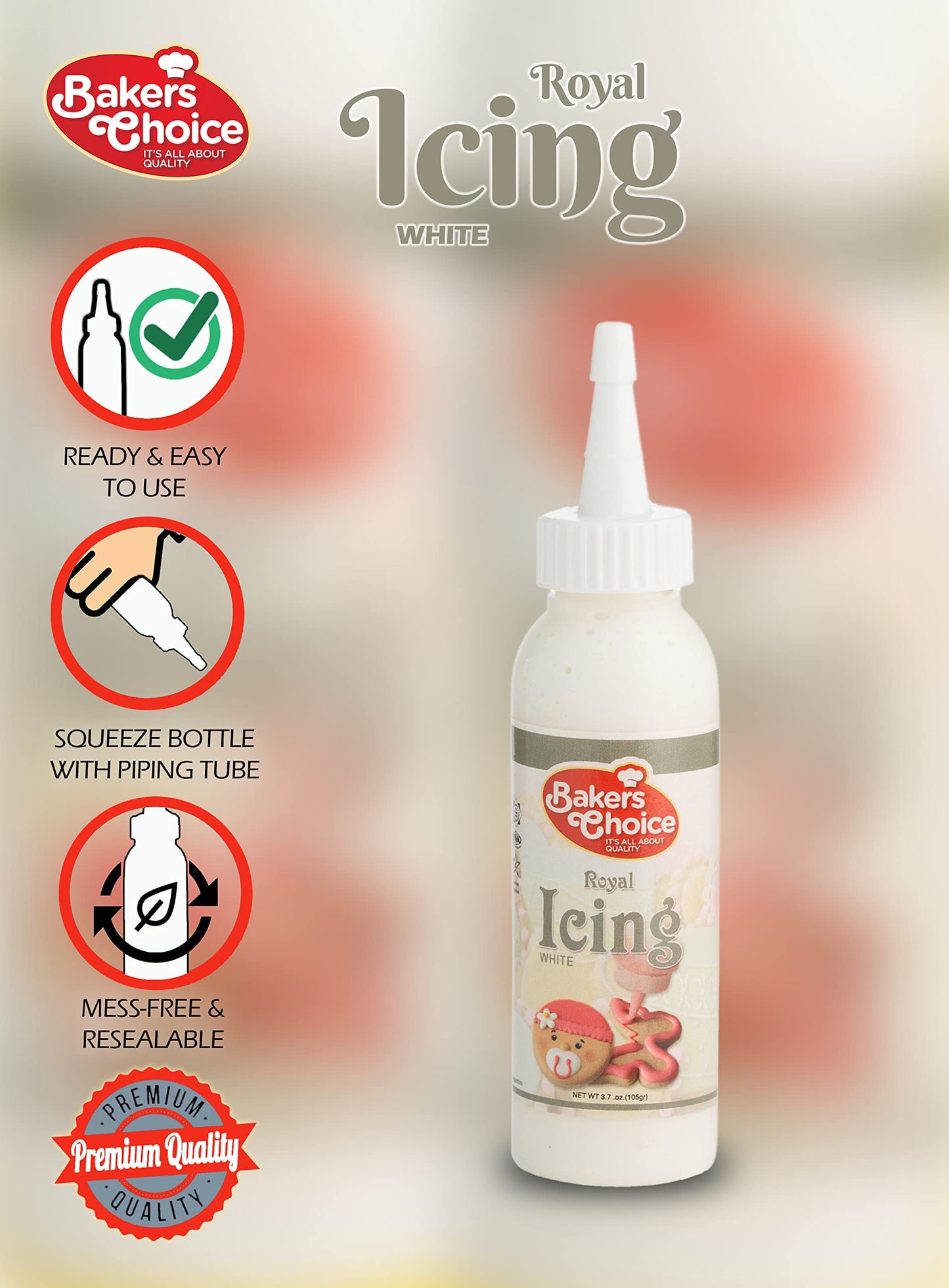 Bakers Choice White Cookie Icing - Ready to Use Royal Icing Squeeze Bottles - 3.7 oz. for Cookies, Cakes, Cupcakes and