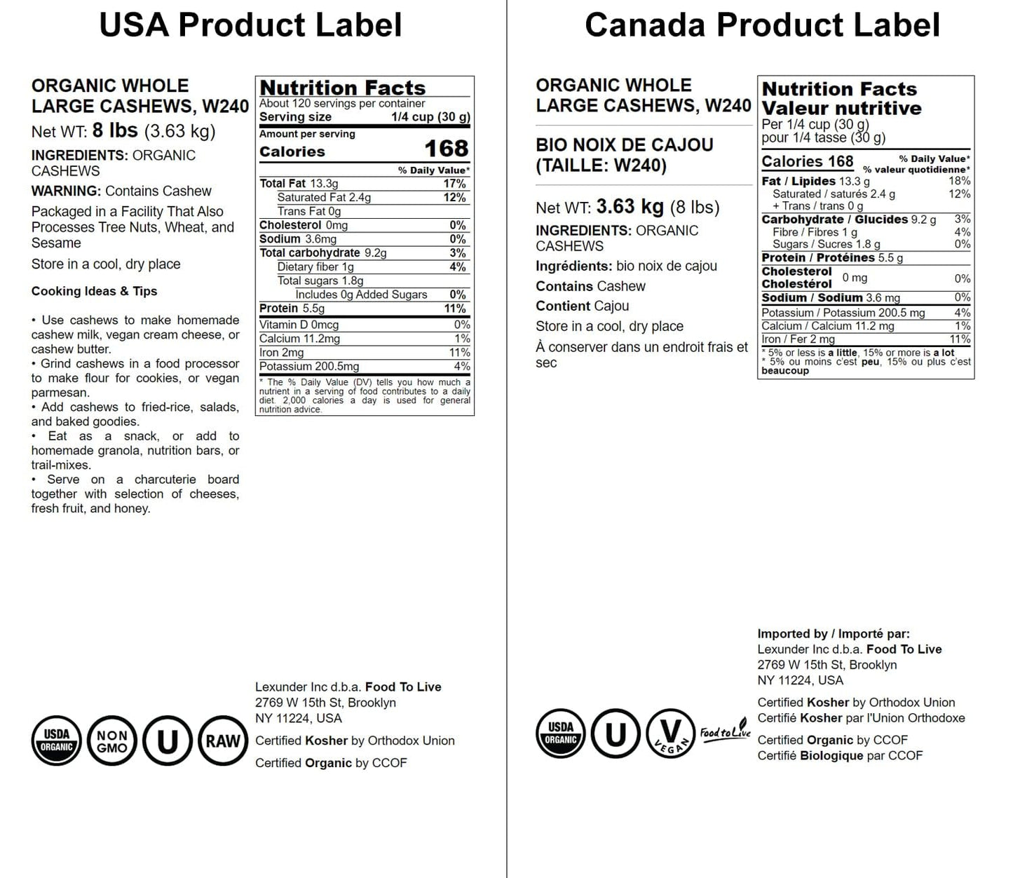 Food to Live Organic Cashews, 8 Pounds - Whole, Size W-240, Unsalted, Non-GMO, Kosher, Raw, Vegan, Bulk
