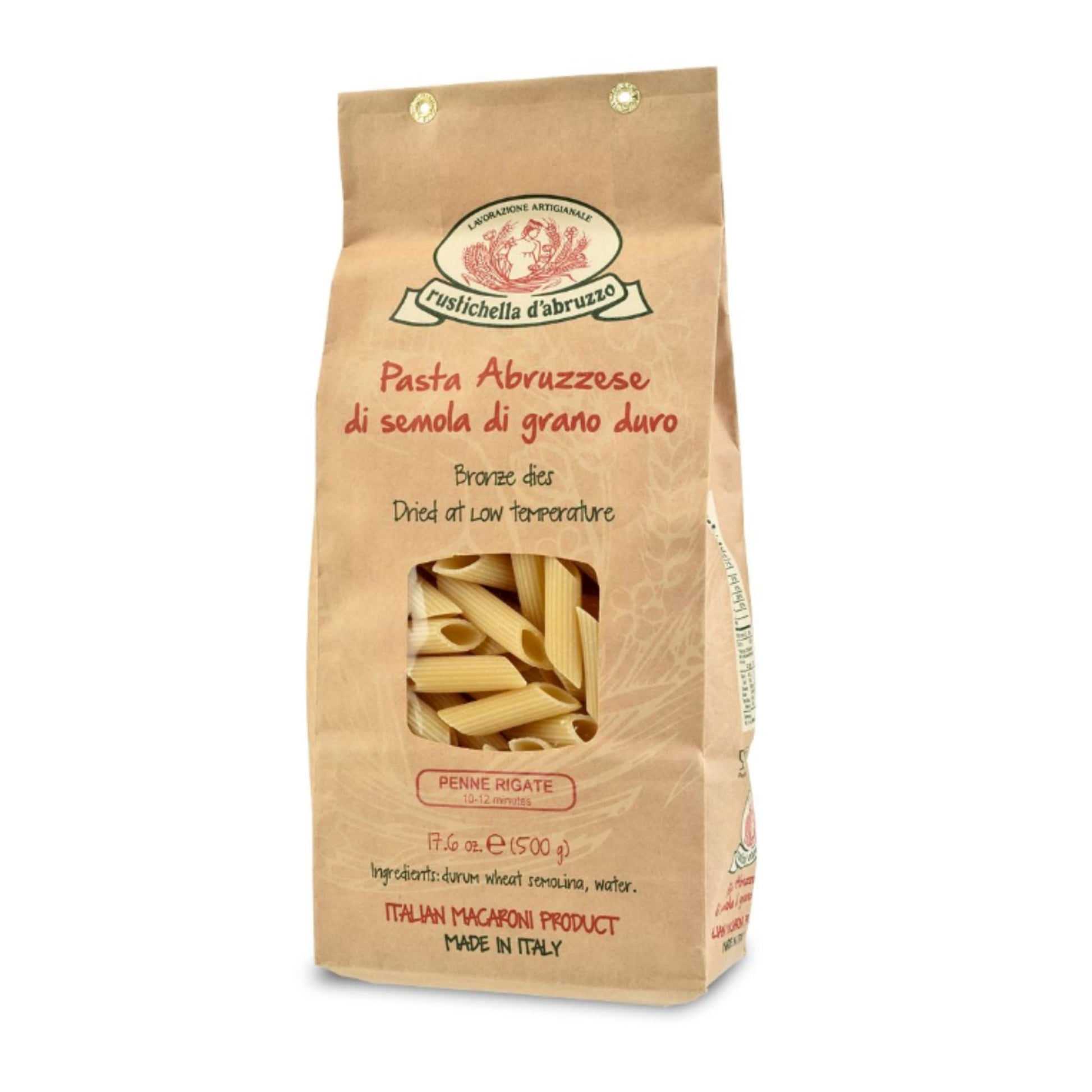 Rustichella dAbruzzo Penne Rigate Pasta - 500g Classic Durum Wheat Short Pasta with Ridges - Ideal for Sauces - Cooks in 10-12 Minutes - Authentic Italian Pasta