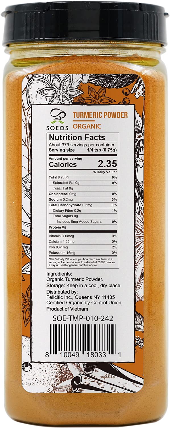 Soeos Organic Turmeric Powder 10oz (284g), Non-GMO Verified, USDA Organic, Natural Curcumin, Lab Tested for Purity, Sealed Packa