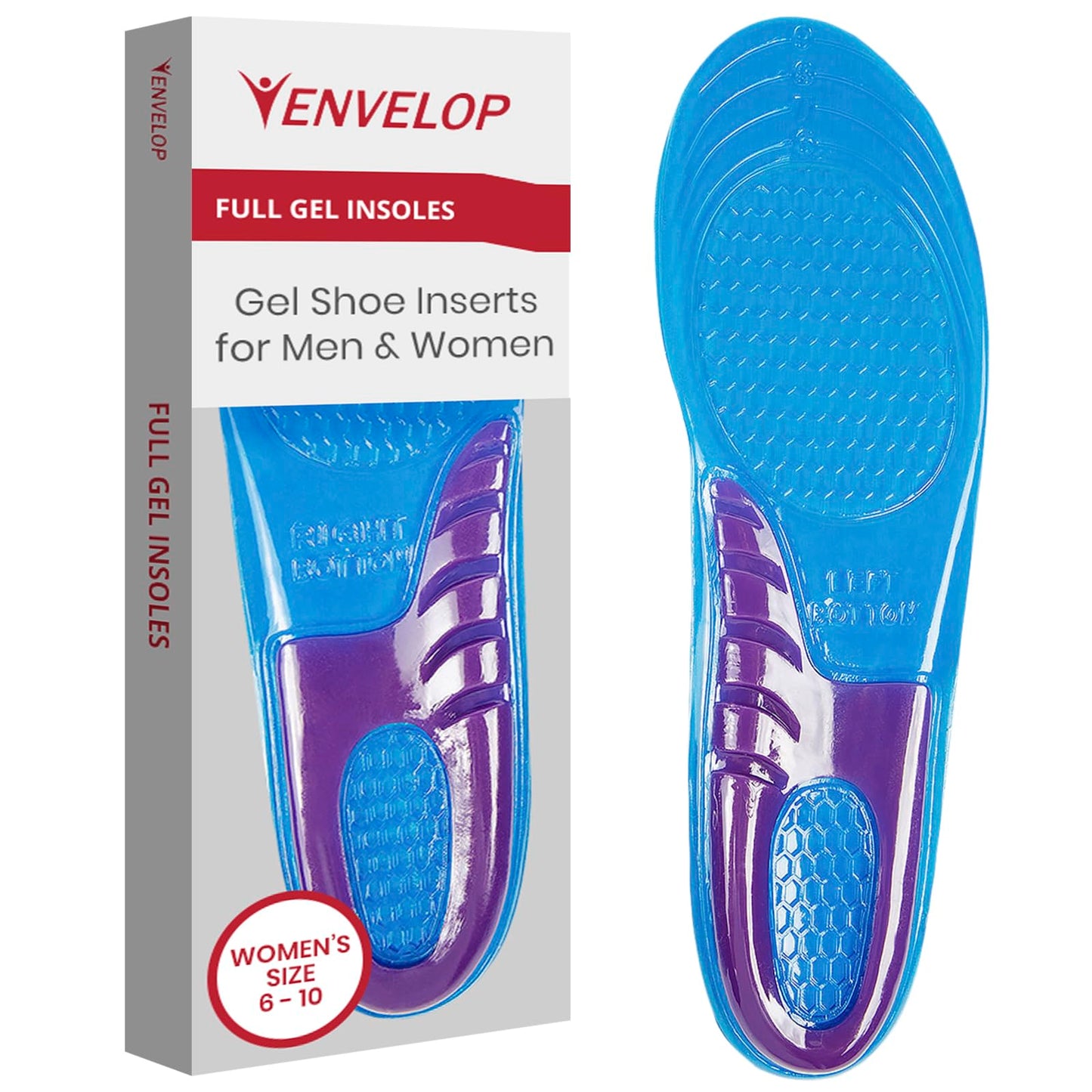Envelop Gel Insoles For Women - Shoe Inserts For Walking, Running, Hiking - Insoles For Standing All Day - Cushion Soles For Hee